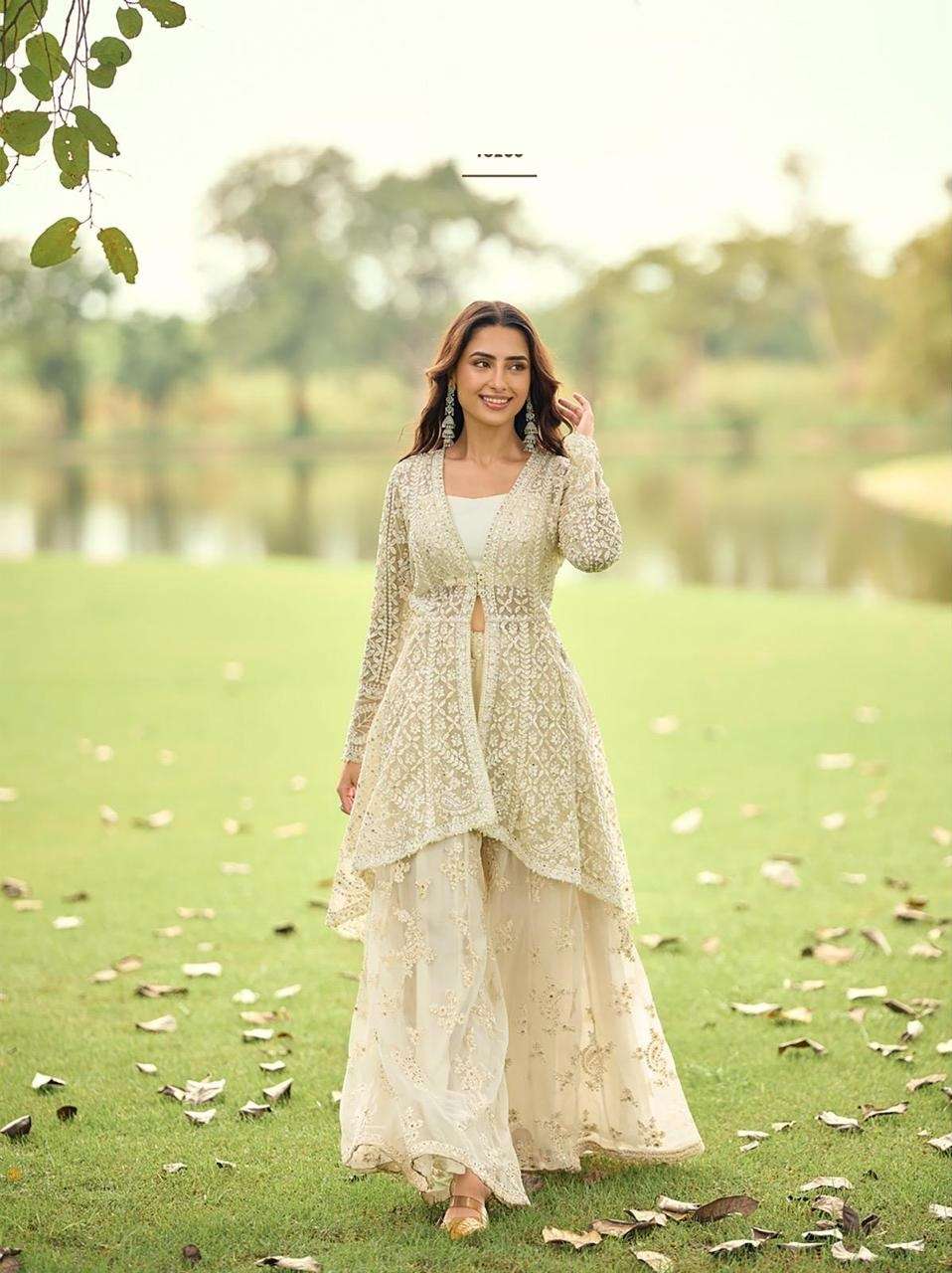 DESIGNER FANCY PARTY WEAR PREMIUM NET READYMADE BEIGE SHARARA SALWAR SUIT PALAZZO SY SABNAM 10266