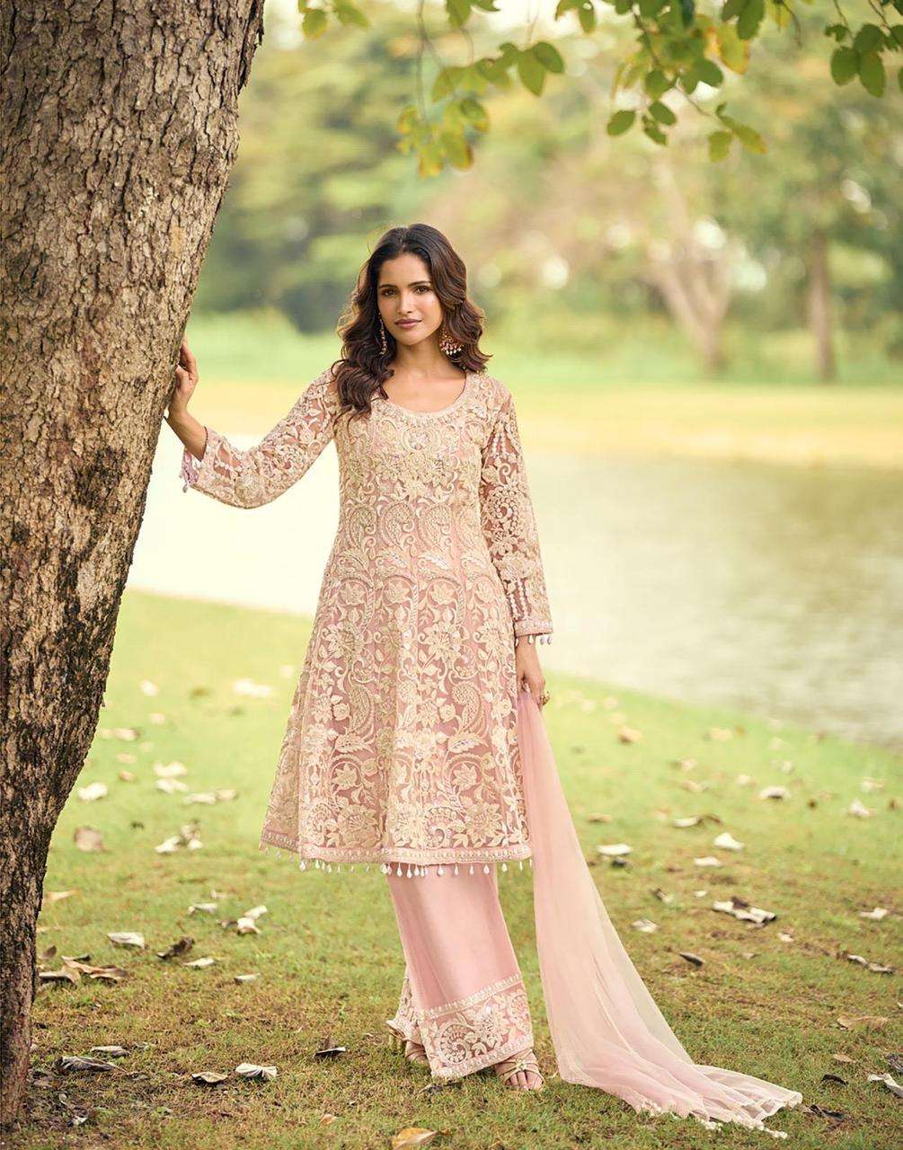 DESIGNER FANCY PARTY WEAR PREMIUM NET READYMADE LIGHT PINK SHARARA SALWAR SUIT PALAZZO SY SABNAM 10267