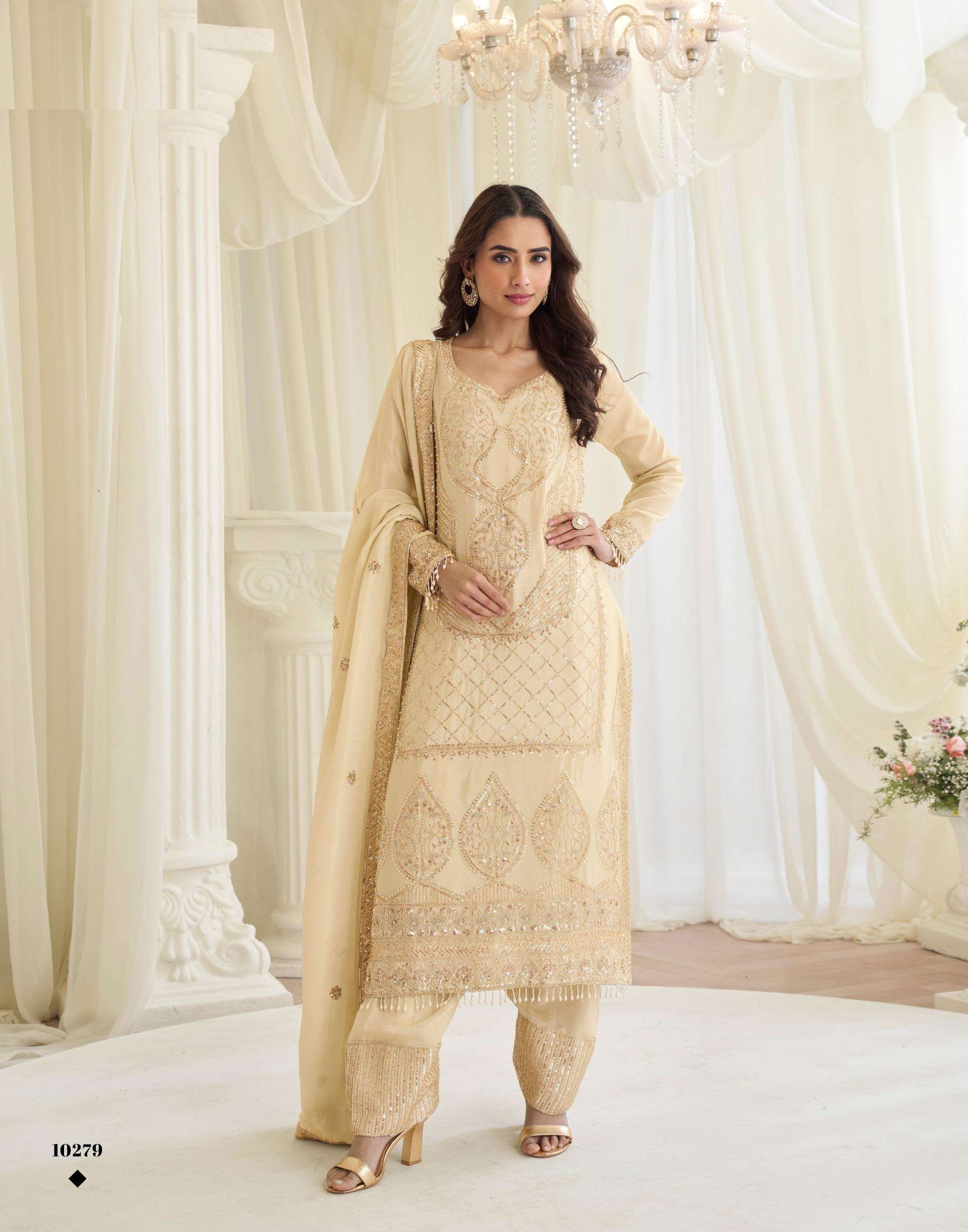 DESIGNER FANCY PARTY WEAR PREMIUM SIMAR SILK READYMADE BEIGE SALWAR SUIT SY RUHANIYAT 10279