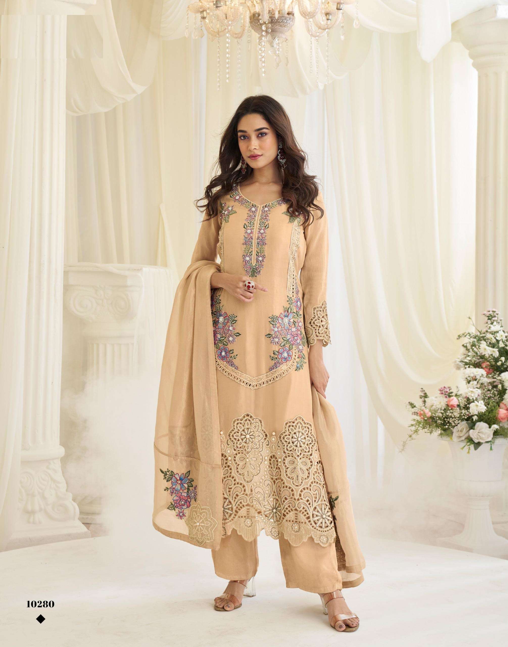 DESIGNER FANCY PARTY WEAR PREMIUM SIMAR SILK READYMADE PEACH SALWAR SUIT SY RUHANIYAT 10280