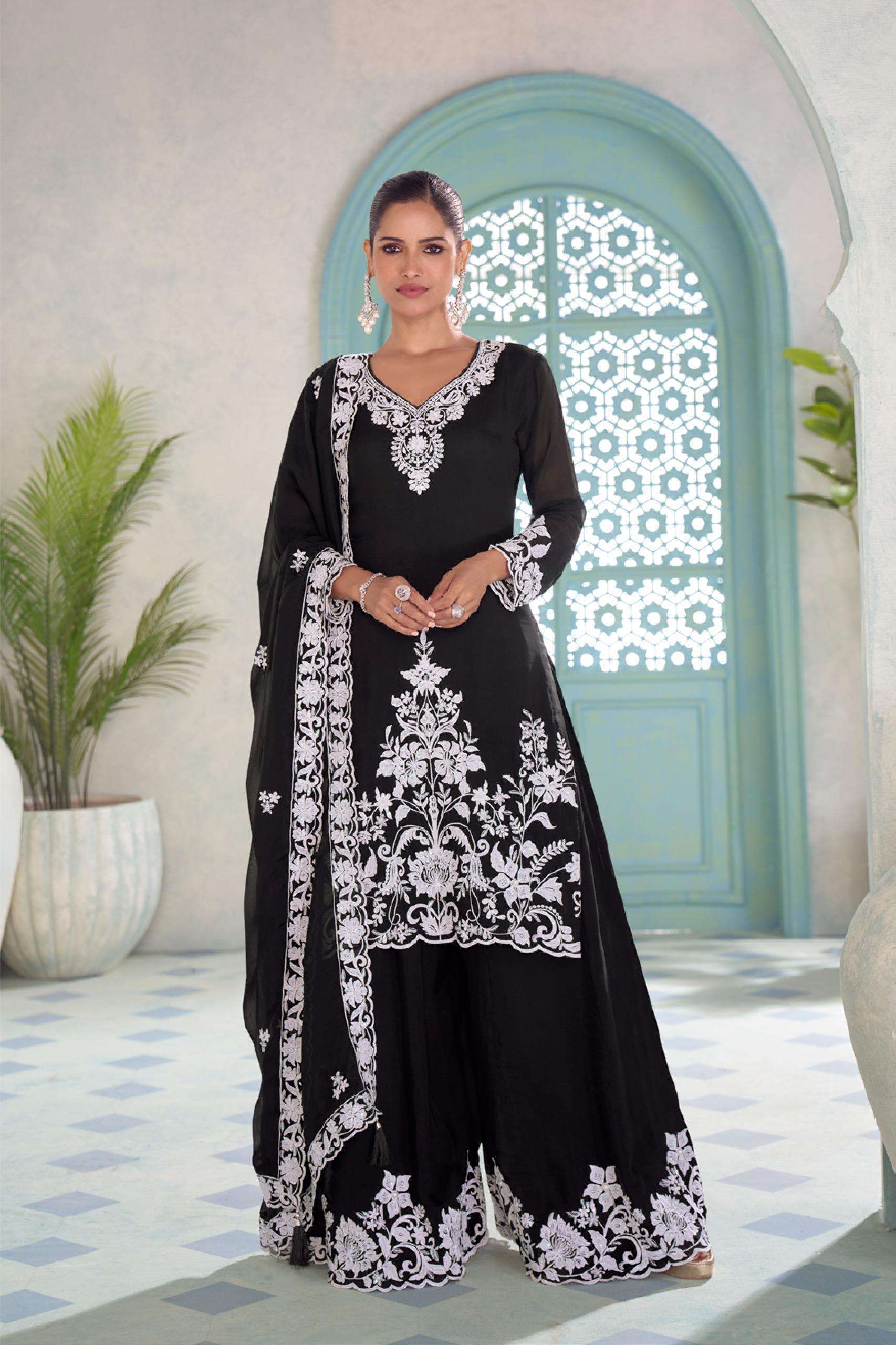 DESIGNER FANCY PARTY WEAR REAL CHINON READYMADE BLACK SHARARA SALWAR SUIT PALAZZO GL MEHER 7664 A