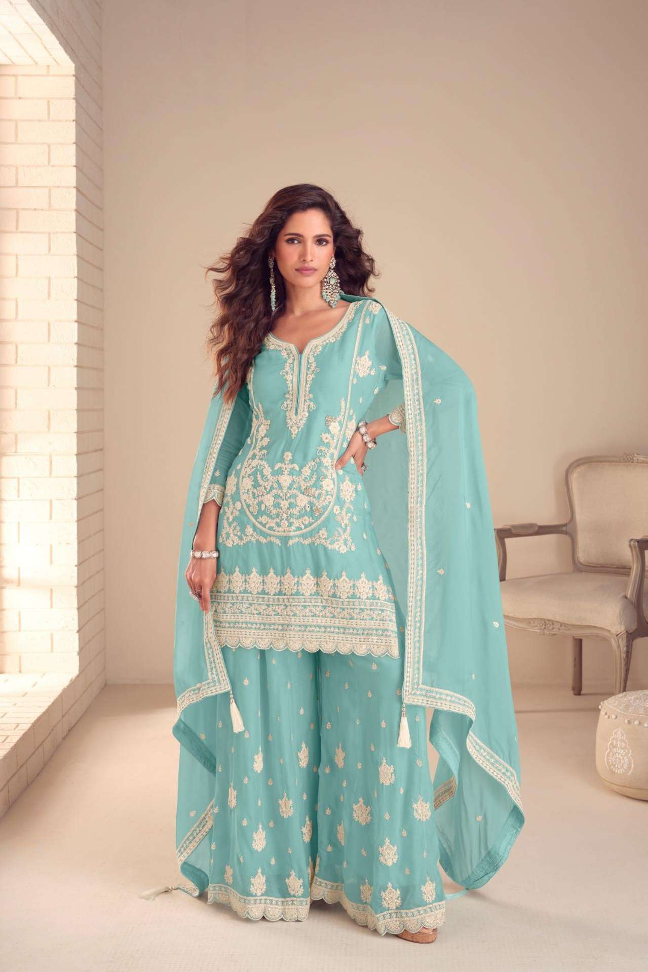 DESIGNER FANCY PARTY WEAR REAL CHINON READYMADE SKY BLUE SHARARA SALWAR SUIT PALAZZO GL BUTTERFLY 7566 A