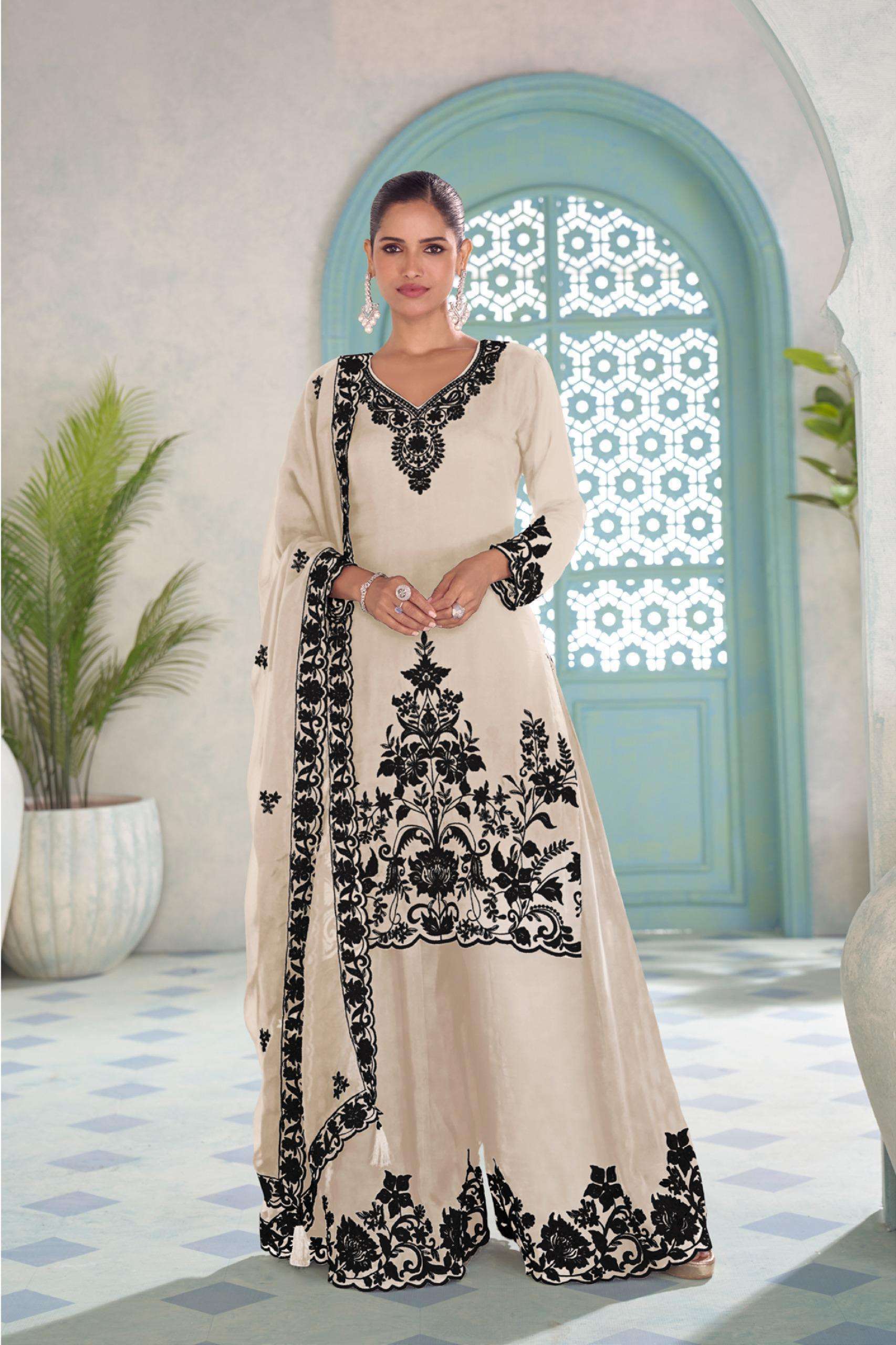 DESIGNER FANCY PARTY WEAR REAL CHINON READYMADE WHITE SHARARA SALWAR SUIT PALAZZO GL MEHER 7664 B