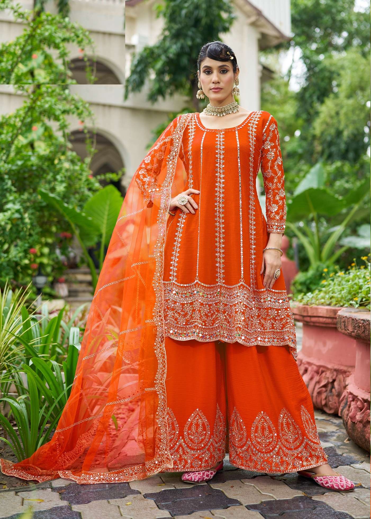 DESIGNER FANCY PARTY WEAR REAL CHINON REAL MIRROR ORANGE SHARARA SALWAR SUIT PALAZZO SENHORA SAHIBA 3106 E
