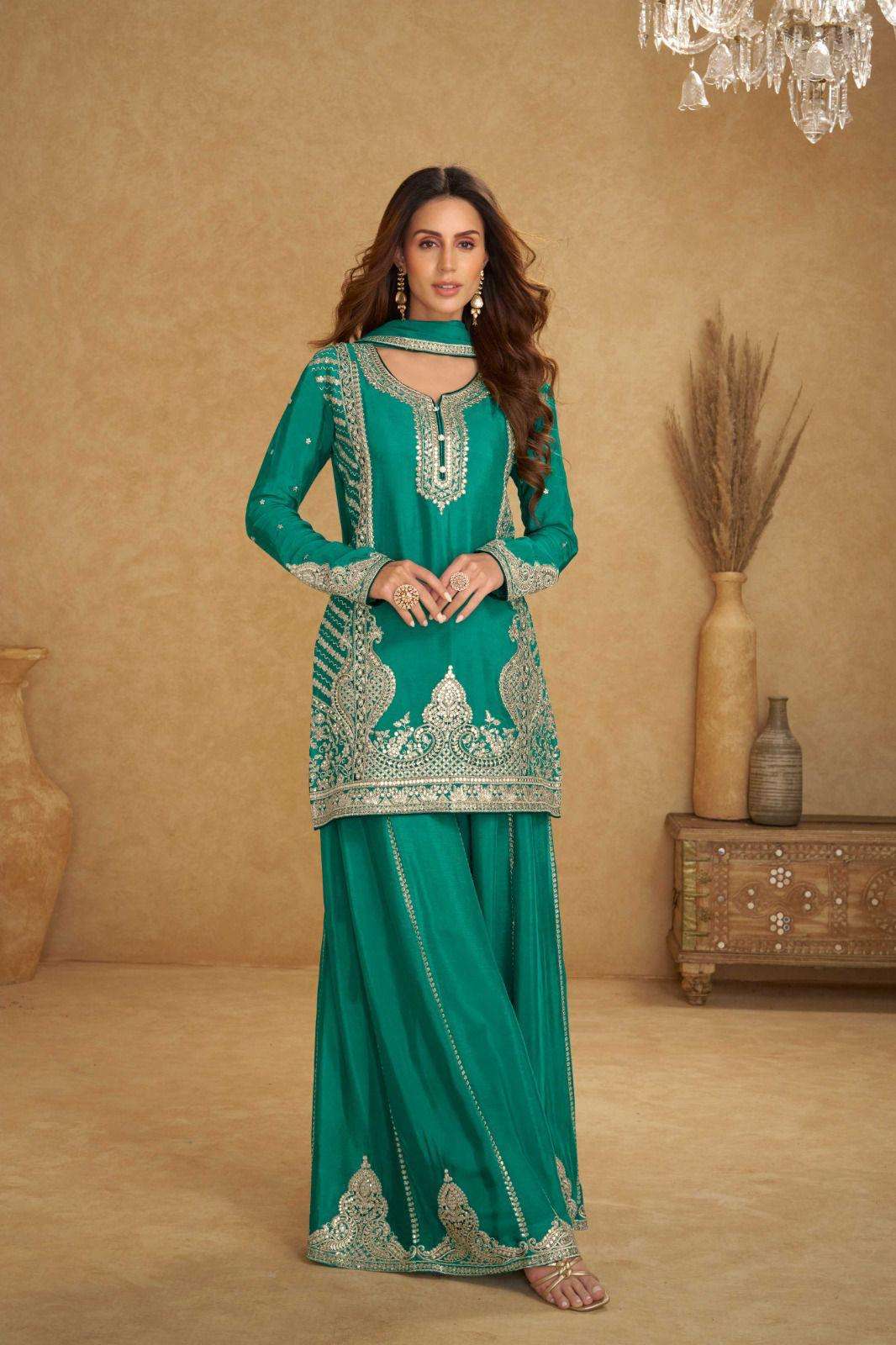 DESIGNER FANCY PARTY WEAR REAL CHINON SILK READYMADE TEAL GREEN SHARARA SALWAR SUIT PALAZZO GL NIRVI 7609