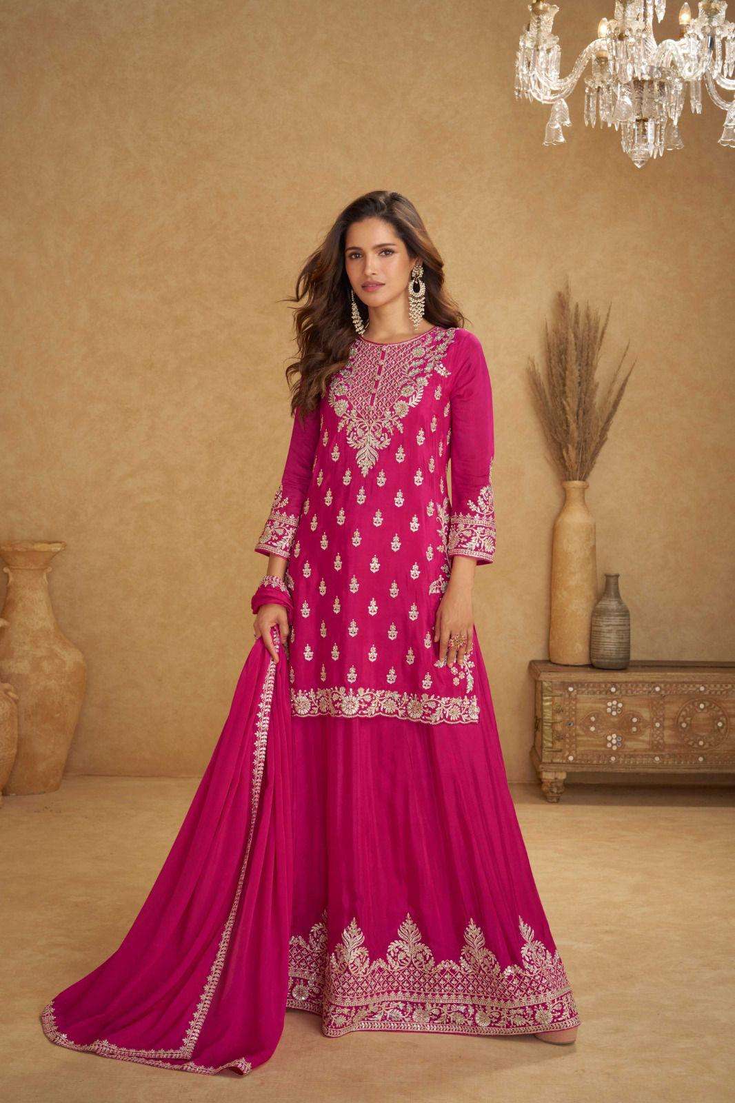 DESIGNER FANCY PARTY WEAR REAL CHINON SILK READYMADE RANI PINK SHARARA SALWAR SUIT PALAZZO GL NIRVI 7610