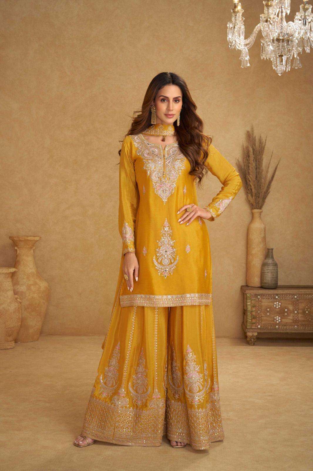 DESIGNER FANCY PARTY WEAR REAL CHINON SILK READYMADE YELLOW SHARARA SALWAR SUIT PALAZZO GL NIRVI 7611