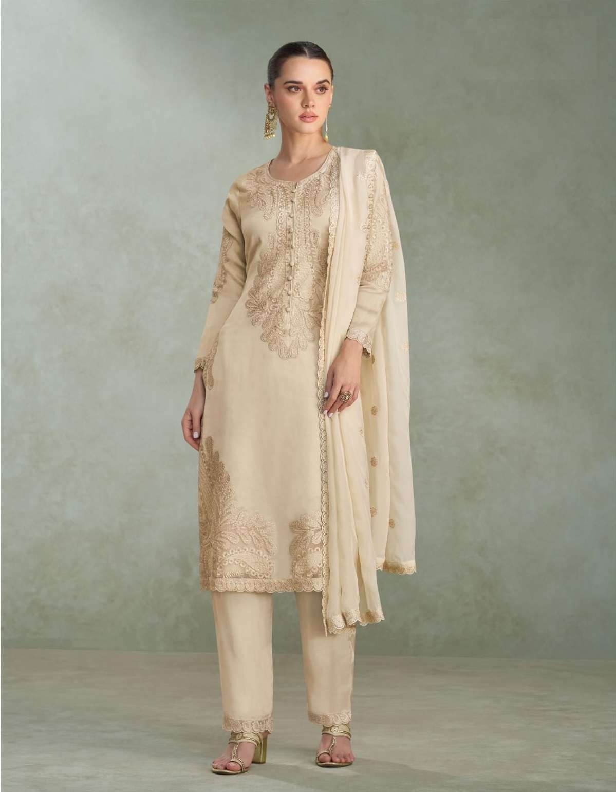 DESIGNER FANCY PARTY WEAR REAL CHINON SILK READYMADE BEIGE SALWAR SUIT PALAZZO SY SAMIRA 5816