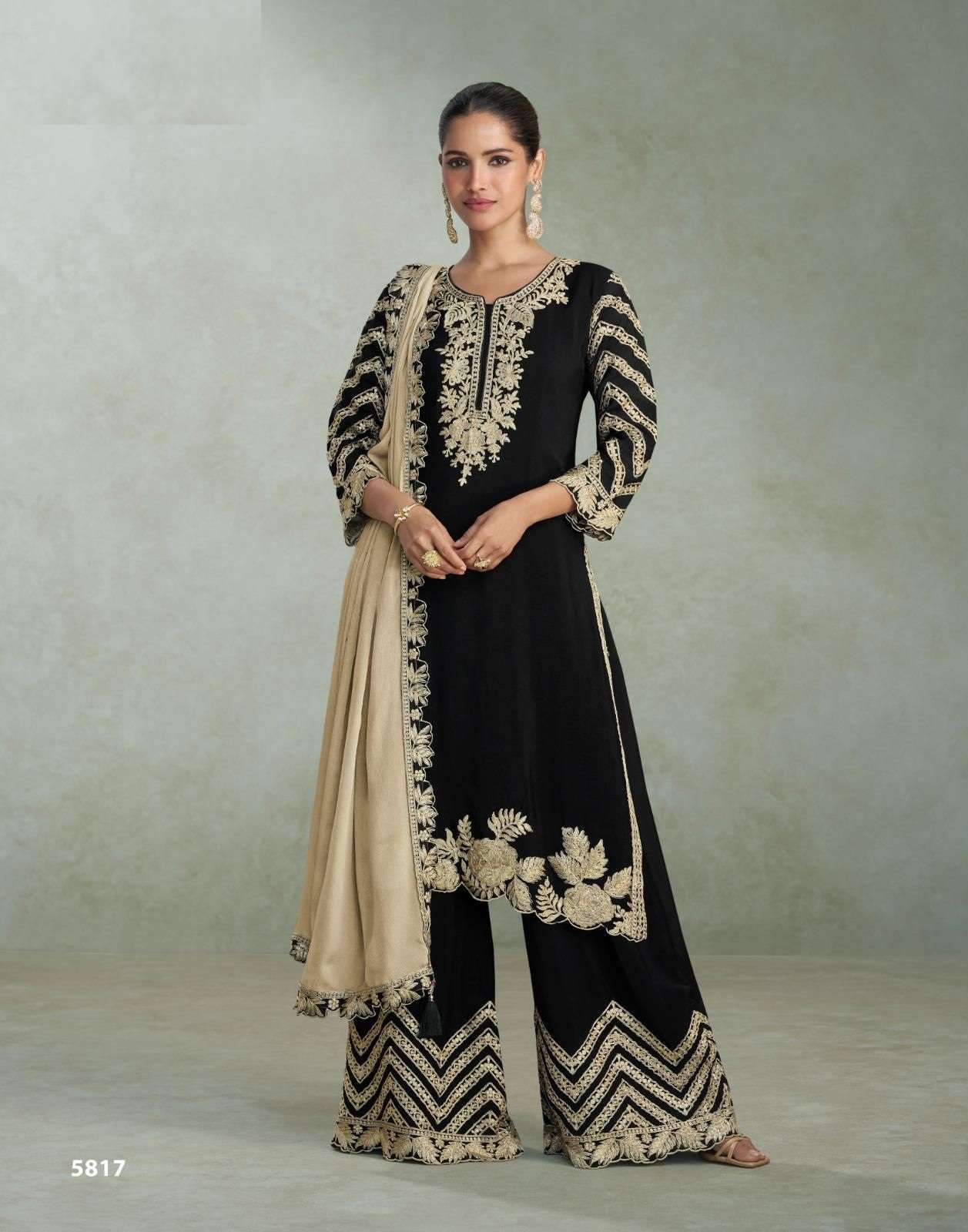 DESIGNER FANCY PARTY WEAR REAL CHINON SILK READYMADE BLACK SALWAR SUIT PALAZZO SY SAMIRA 5817