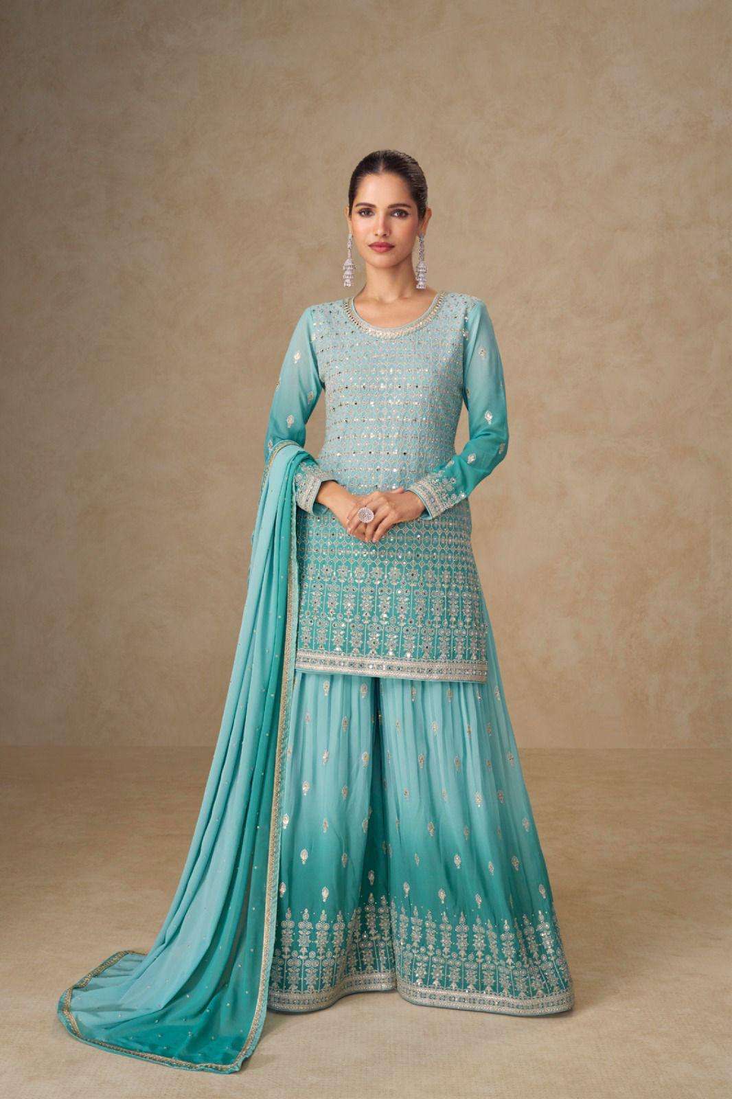 DESIGNER FANCY PARTY WEAR REAL GEORGETTE READY MADE SKY BLUE SHARARA SALWAR SUIT PALAZZO GL SHIVANI 7669