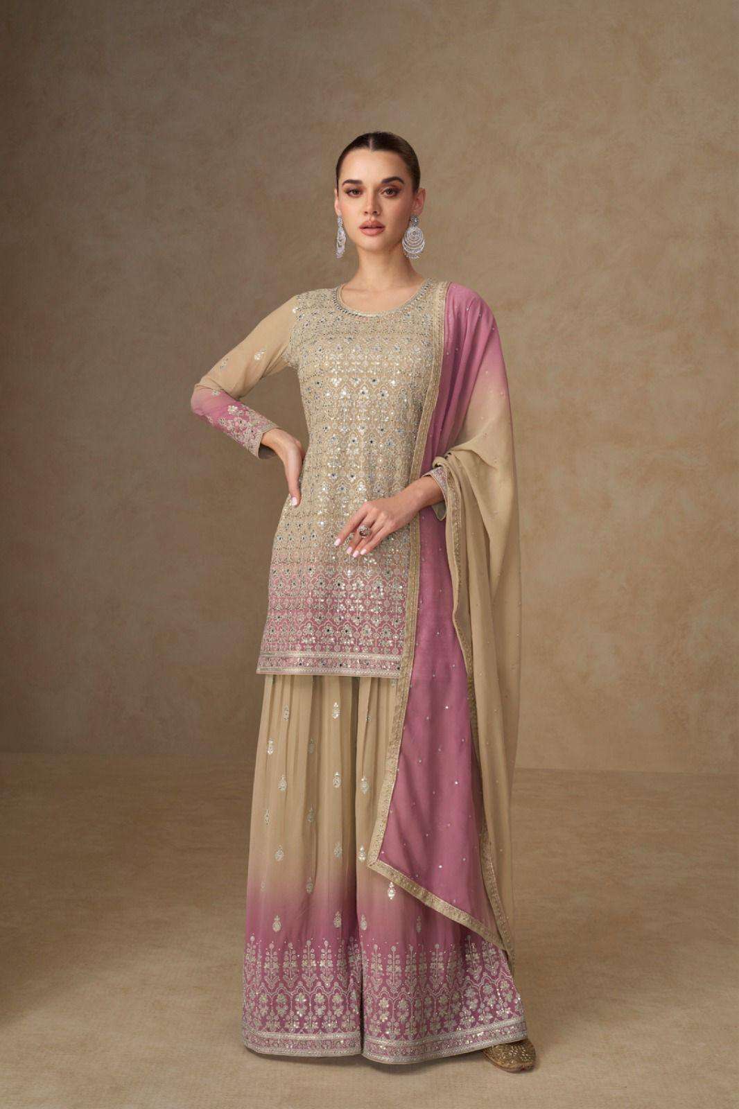 DESIGNER FANCY PARTY WEAR REAL GEORGETTE READY MADE CHIKU SHARARA SALWAR SUIT PALAZZO GL SHIVANI 7670