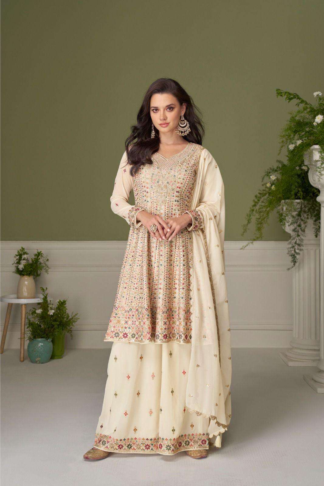 DESIGNER FANCY PARTY WEAR REAL GEORGETTE READYMADE WHITE SHARARA SALWAR SUIT PALAZZO GL GLAMOUR 7557