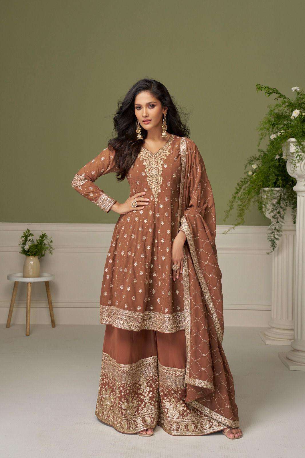 DESIGNER FANCY PARTY WEAR REAL GEORGETTE READYMADE BROWN SHARARA SALWAR SUIT PALAZZO GL GLAMOUR 7558