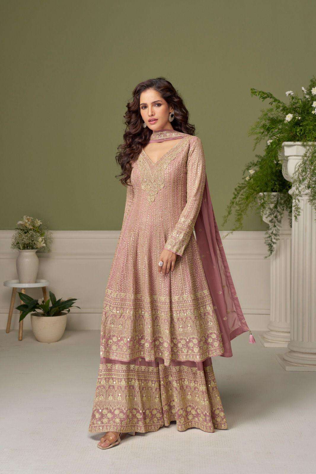 DESIGNER FANCY PARTY WEAR REAL GEORGETTE READYMADE PINK SHARARA SALWAR SUIT PALAZZO GL GLAMOUR 7559