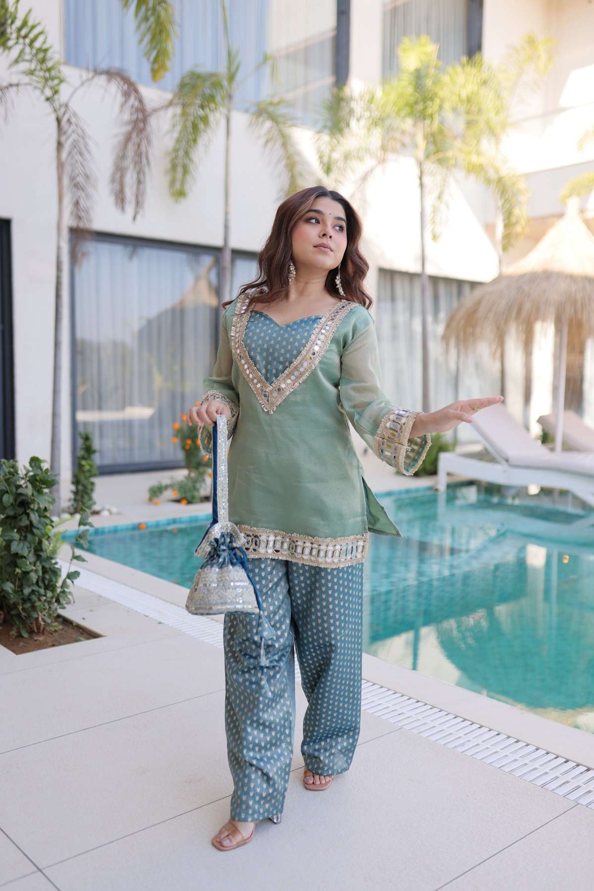 DESIGNER FANCY PARTY WEAR SILK READYMADE PISTA GREEN SHARARA SALWAR SUIT PALAZZO LW 9319 B