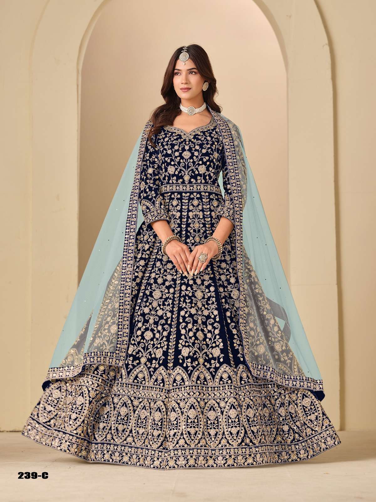 DESIGNER FANCY WEDDING PARTY WEAR BLUE VELVET ANARKALI SALWAR SUIT GOWN ANY 239 C