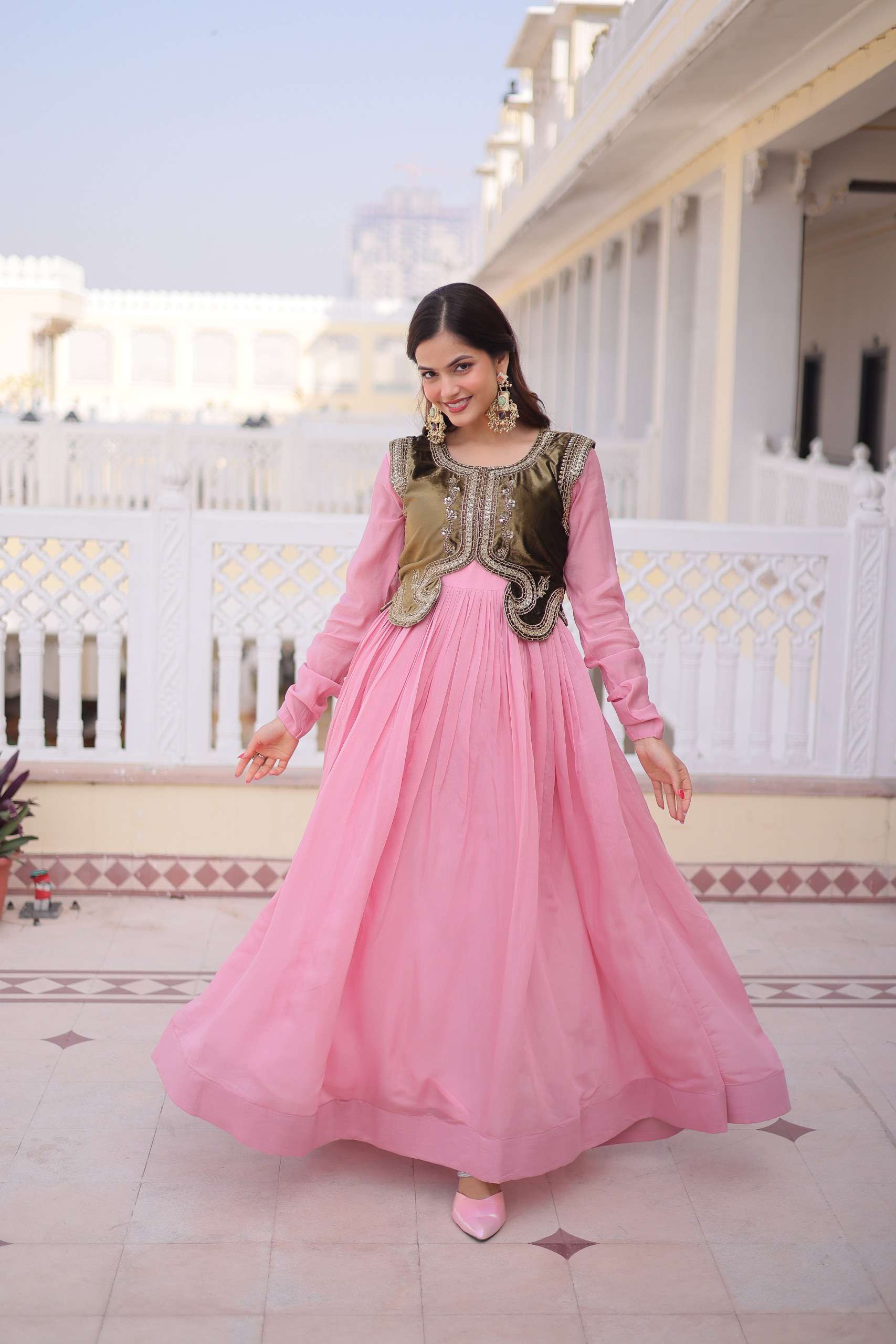 DESIGNER FANCY WEDDING PARTY WEAR CHANDERI SILK READYMADE PINK ANARKALI KOTI GOWN LW 9317 A