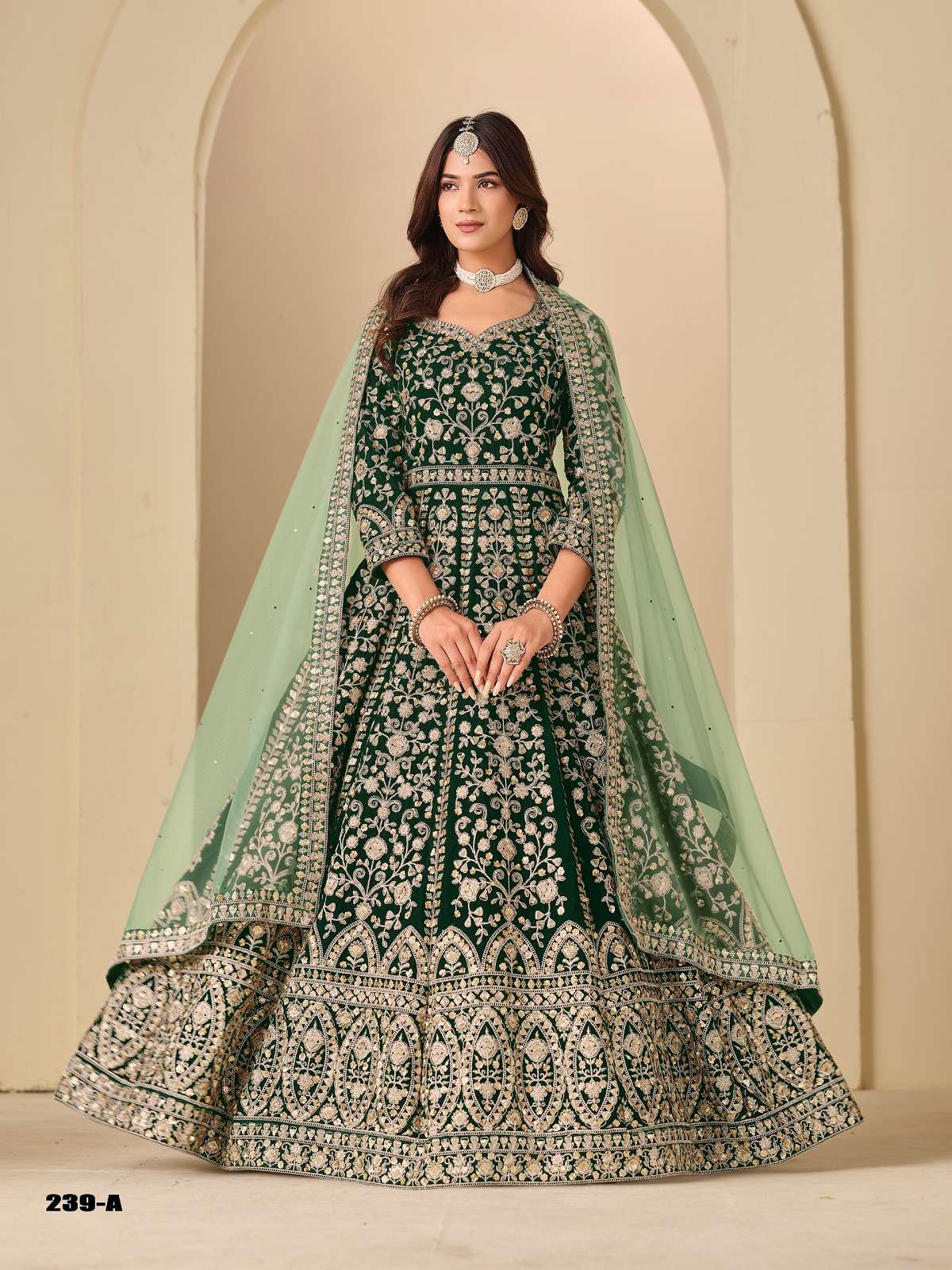 DESIGNER FANCY WEDDING PARTY WEAR GREEN VELVET ANARKALI SALWAR SUIT GOWN ANY 239 A