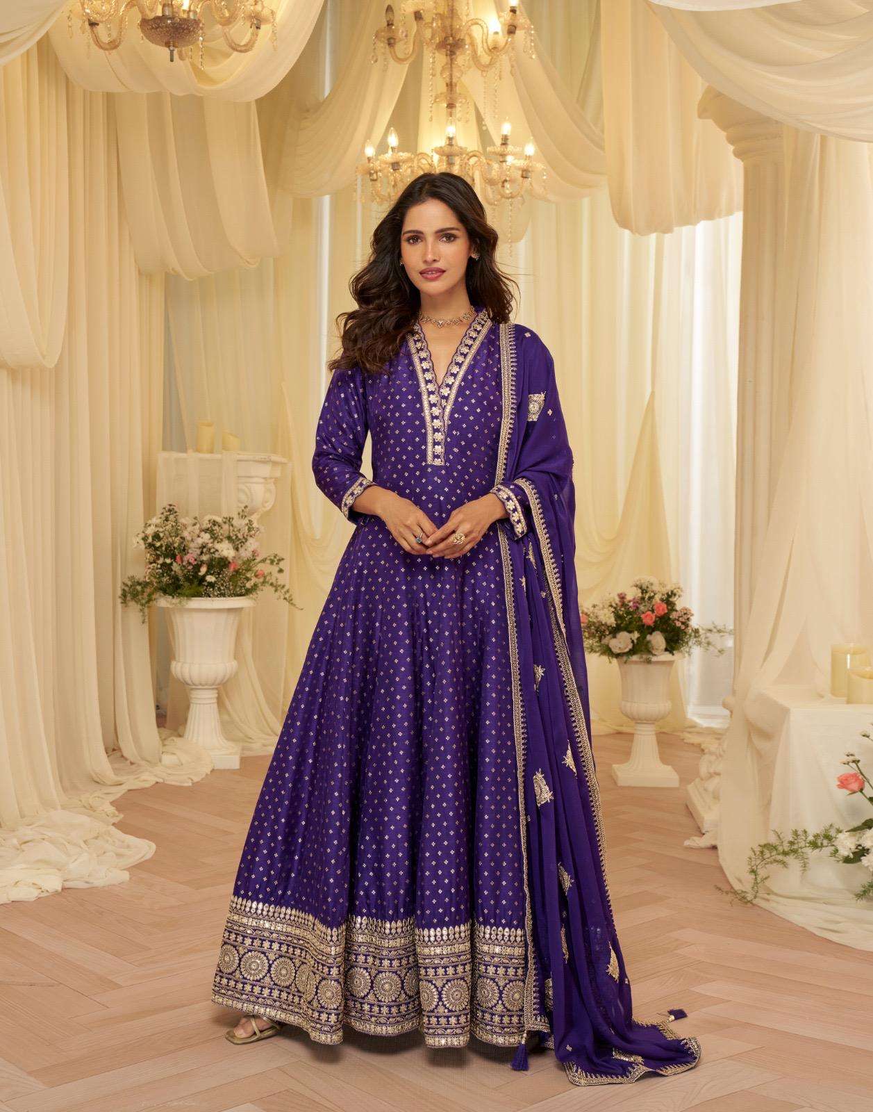 DESIGNER FANCY WEDDING PARTY WEAR PURE VISCOS JACQUARD SILK PURPLE ANARKALI SALWAR SUIT GOWN SY AARADHANA 10239