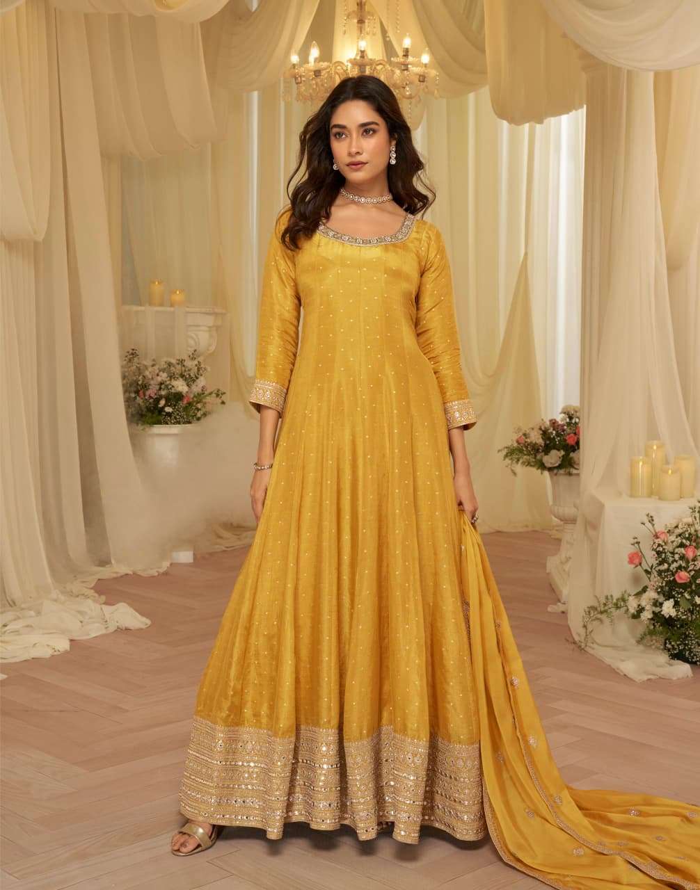 DESIGNER FANCY WEDDING PARTY WEAR PURE VISCOS JACQUARD SILK YELLOW ANARKALI SALWAR SUIT GOWN SY AARADHANA 10240