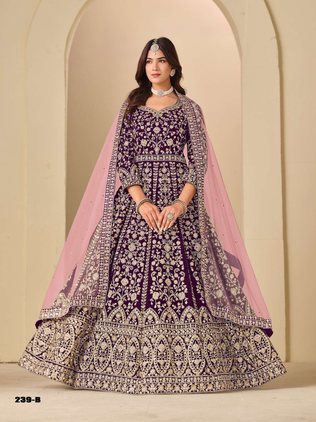 DESIGNER FANCY WEDDING PARTY WEAR PURPLE VELVET ANARKALI SALWAR SUIT GOWN ANY 239 B
