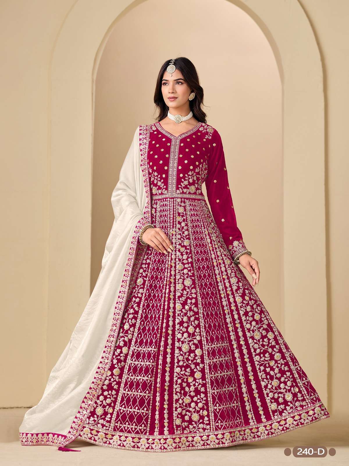 DESIGNER FANCY WEDDING PARTY WEAR RANI PINK VELVET ANARKALI SALWAR SUIT GOWN ANY 240 D