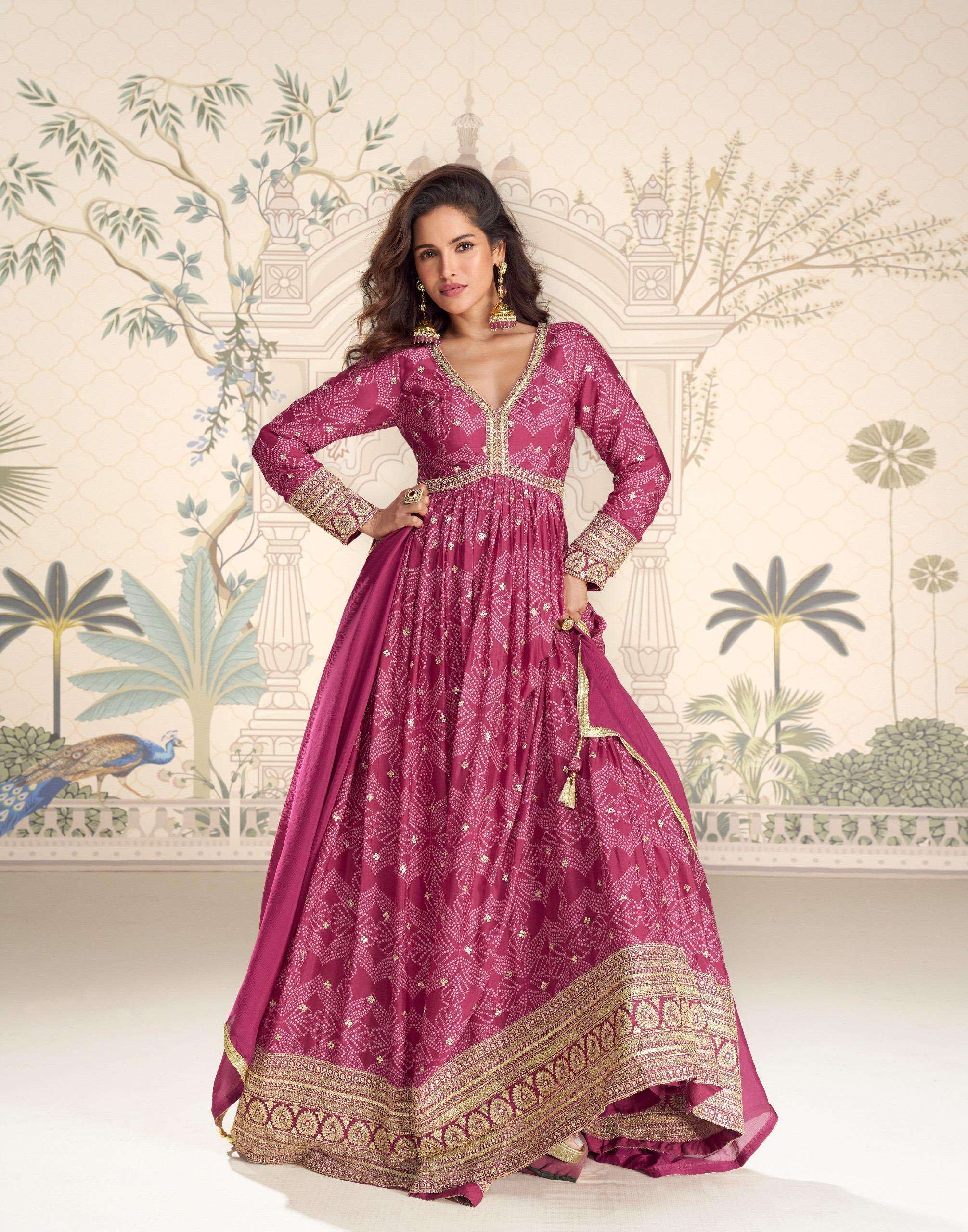DESIGNER FANCY WEDDING PARTY WEAR REAL CHINON BANDHANI PRINT PINK ANARKALI SALWAR SUIT GOWN SY 10215