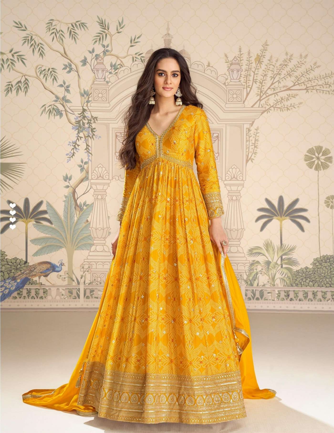 DESIGNER FANCY WEDDING PARTY WEAR REAL CHINON BANDHANI PRINT YELLOW ANARKALI SALWAR SUIT GOWN SY 10216