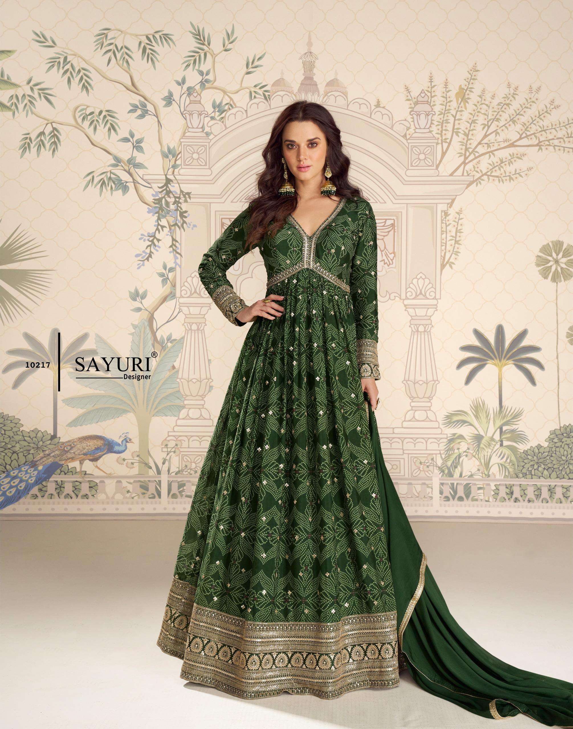 DESIGNER FANCY WEDDING PARTY WEAR REAL CHINON BANDHANI PRINT GREEN ANARKALI SALWAR SUIT GOWN SY 10217
