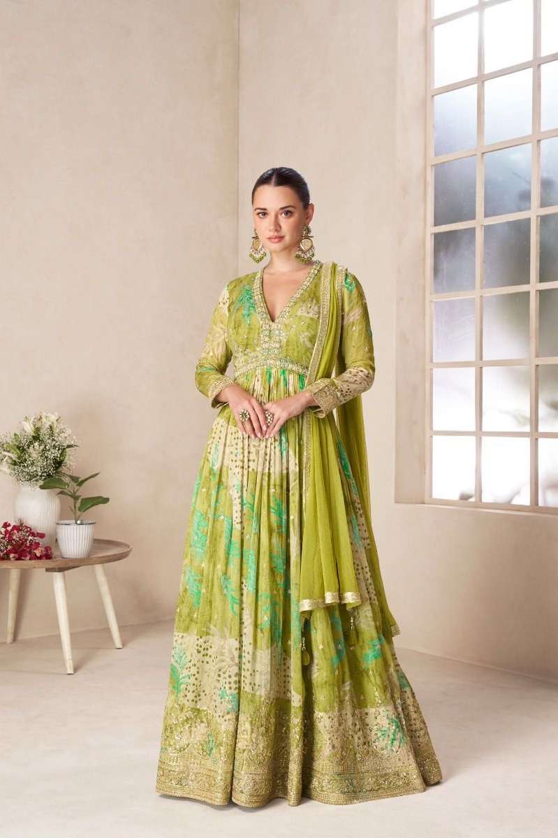 DESIGNER FANCY WEDDING PARTY WEAR REAL CHINON PRINTED GREEN ANARKALI SALWAR SUIT GOWN GL RUCHIKA 7583