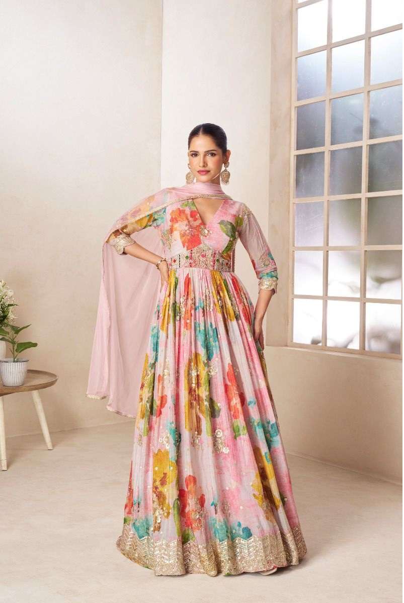 DESIGNER FANCY WEDDING PARTY WEAR REAL CHINON PRINTED PINK ANARKALI SALWAR SUIT GOWN GL RUCHIKA 7585