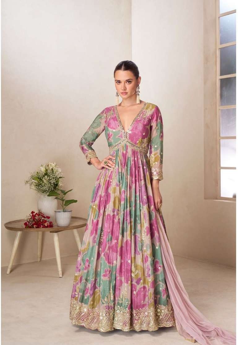 DESIGNER FANCY WEDDING PARTY WEAR REAL CHINON PRINTED PINK ANARKALI SALWAR SUIT GOWN GL RUCHIKA 7586