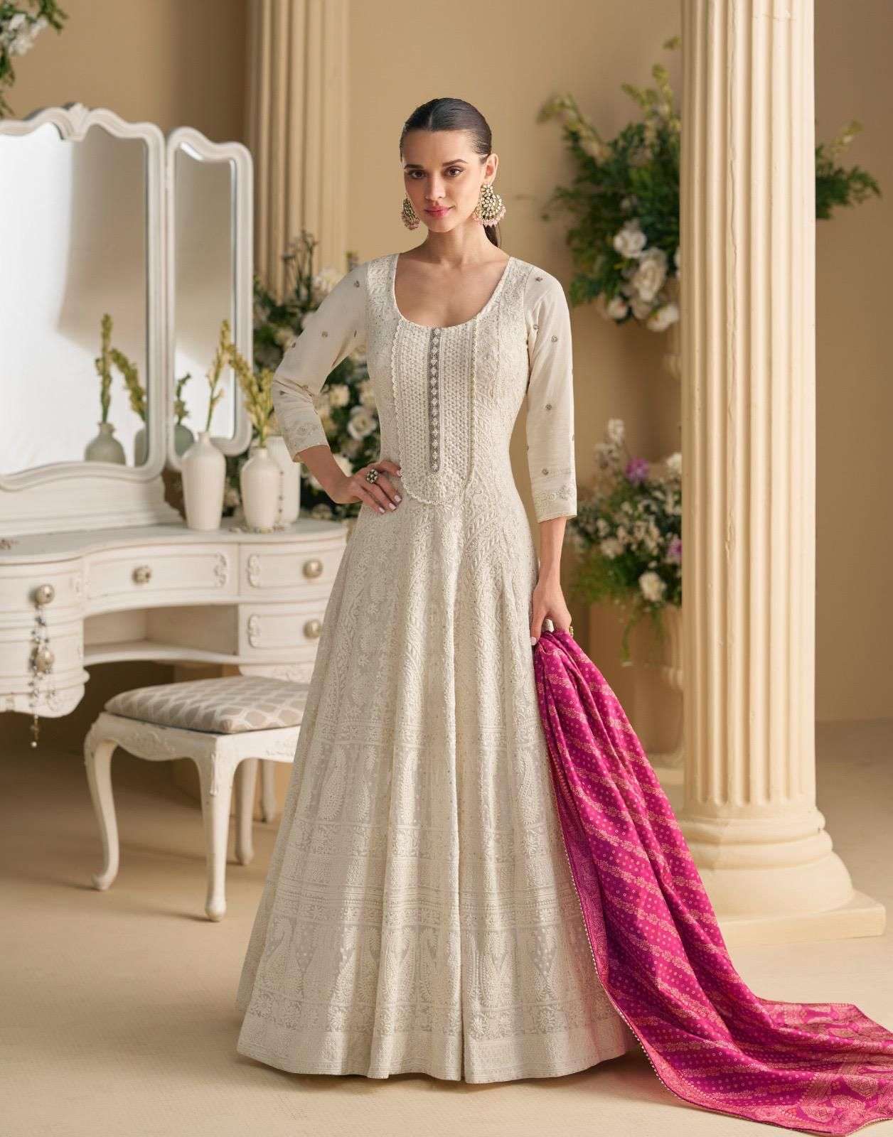 DESIGNER FANCY WEDDING PARTY WEAR REAL GEORGETTE WHITE ANARKALI SALWAR SUIT CHIKANKARI WORK GOWN SY DAWAT 5834