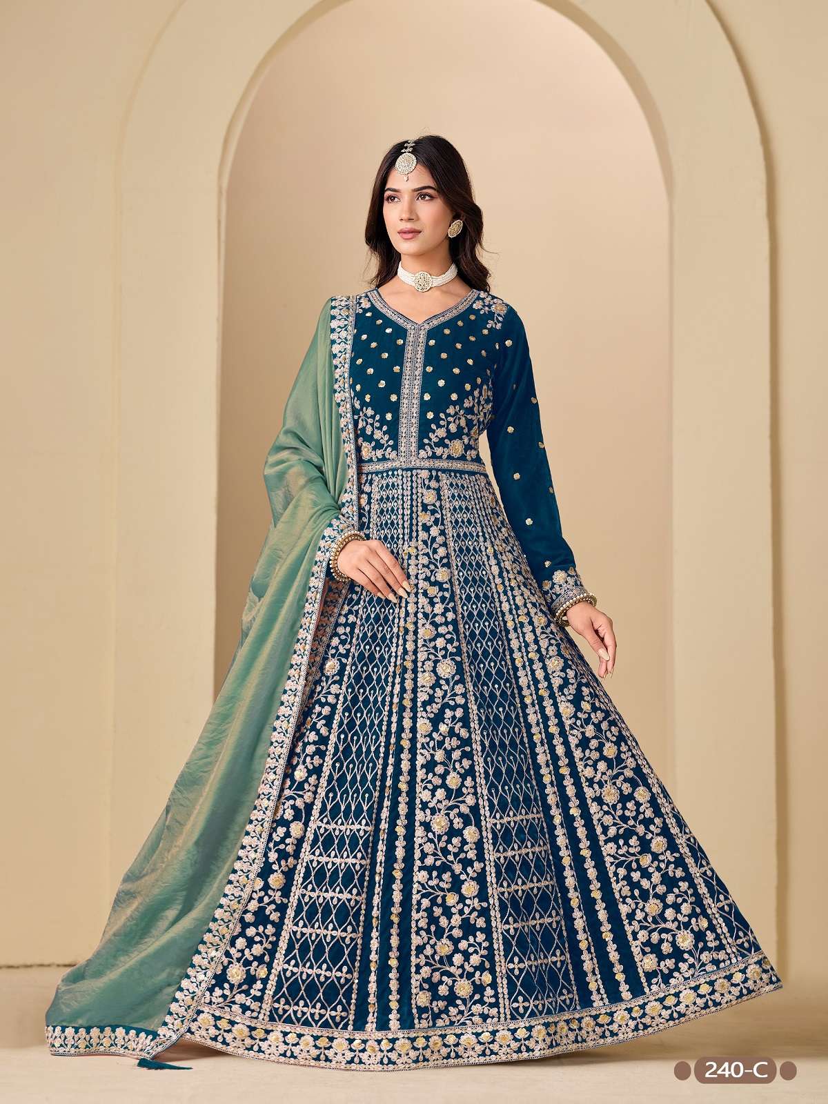 DESIGNER FANCY WEDDING PARTY WEAR TEAL BLUE VELVET ANARKALI SALWAR SUIT GOWN ANY 240 C
