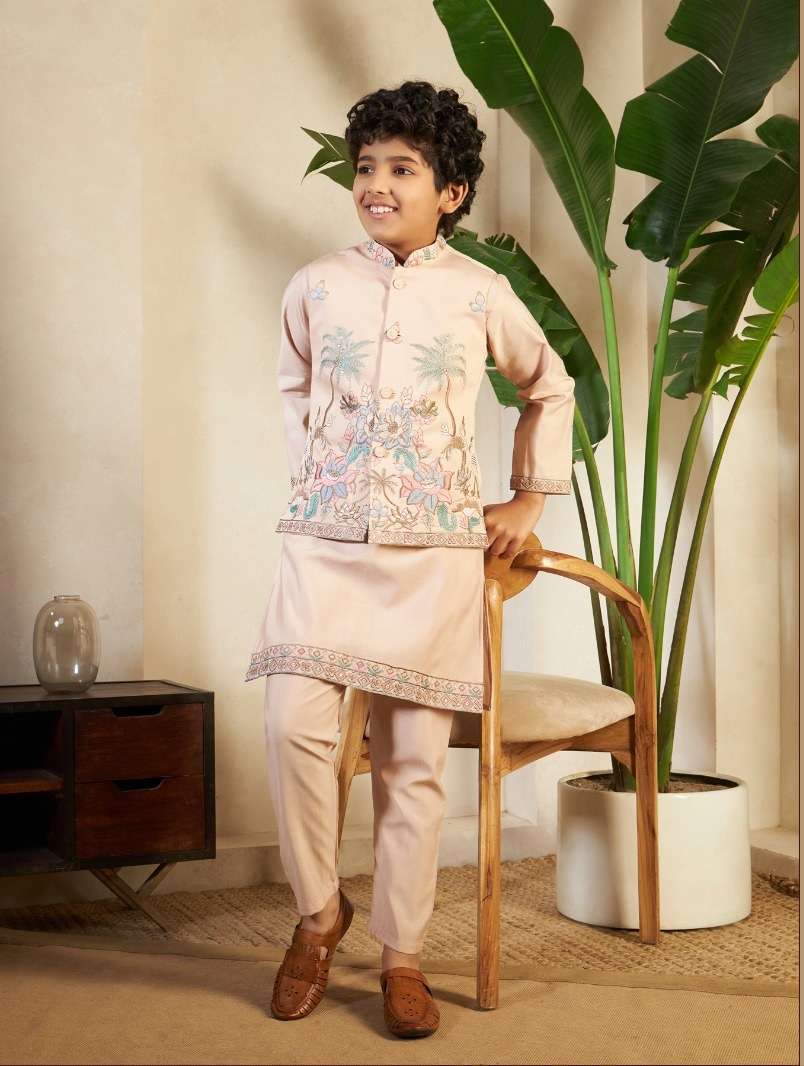 DESIGNER KIDS WEAR CHIKU KOTI KURTA SET VISCOSE SILK KIDS KOTI KURTA SHERWANI SET KF 91051