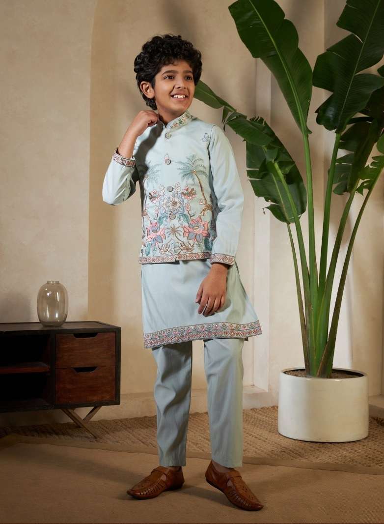 DESIGNER KIDS WEAR PISTA KOTI KURTA SET VISCOSE SILK KIDS KOTI KURTA SHERWANI SET KF 91053
