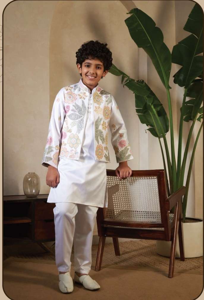 DESIGNER KIDS WEAR WHITE KOTI KURTA SET SATIN SILK WHITE KIDS KOTI KURTA SHERWANI SET KF 91081