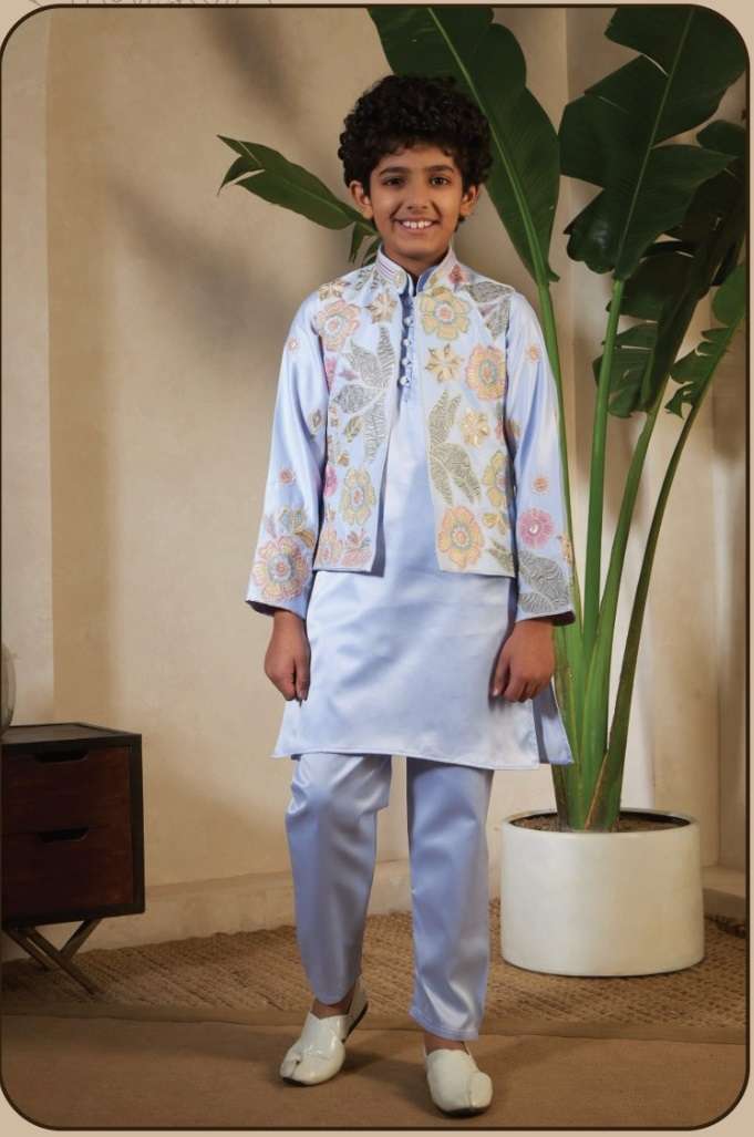 DESIGNER KIDS WEAR WHITE KOTI KURTA SET SATIN SILK SKY BLUE KIDS KOTI KURTA SHERWANI SET KF 91082