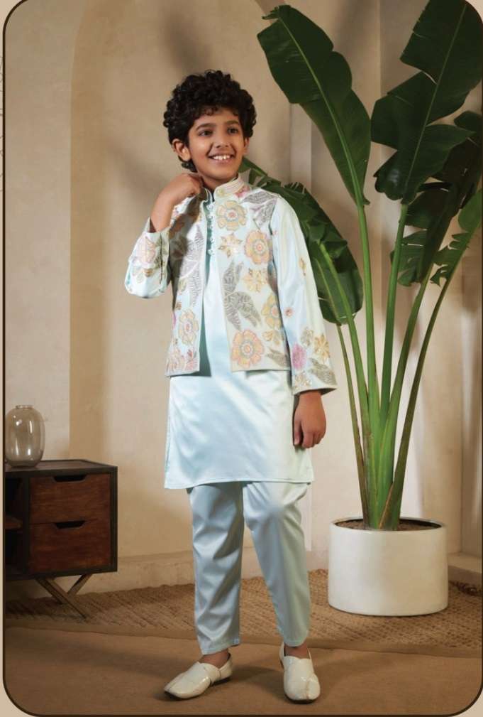 DESIGNER KIDS WEAR WHITE KOTI KURTA SET SATIN SILK PISTA KIDS KOTI KURTA SHERWANI SET KF 91083