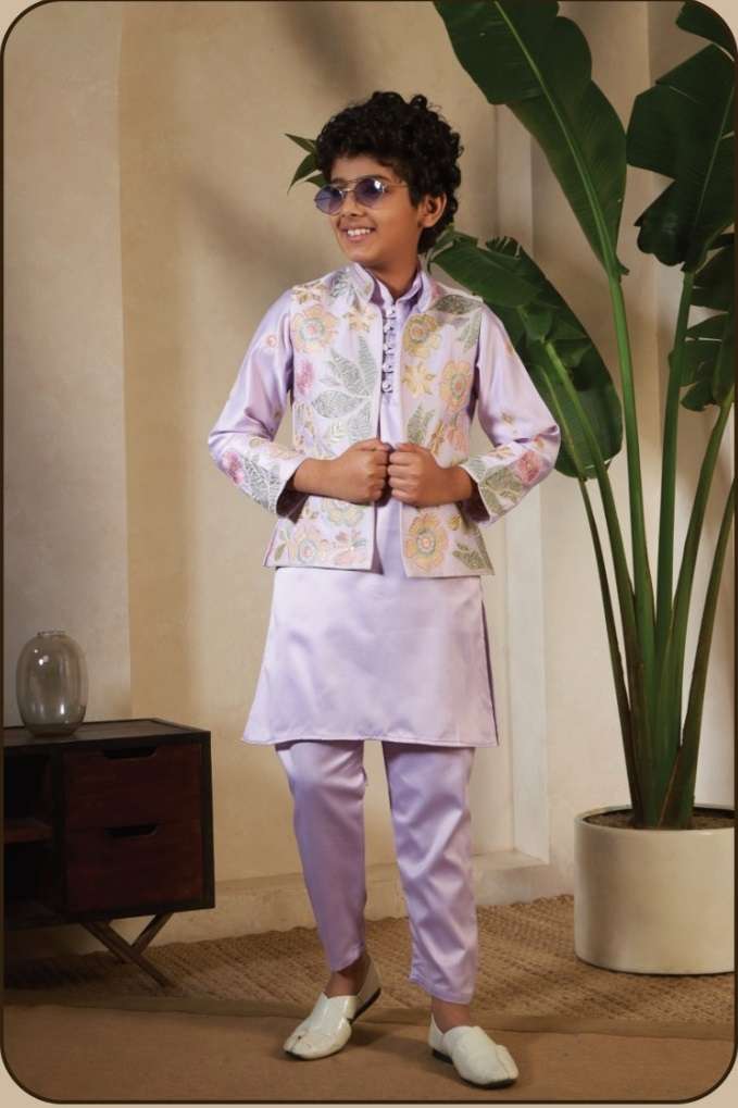 DESIGNER KIDS WEAR WHITE KOTI KURTA SET SATIN SILK LAVENDER KIDS KOTI KURTA SHERWANI SET KF 91084