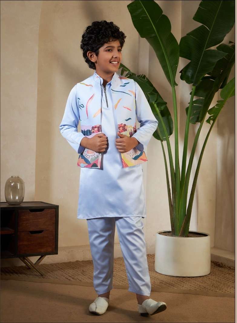 DESIGNER KIDS WEAR WHITE KOTI KURTA SET SATIN SILK SKY BLUE KIDS KOTI KURTA SHERWANI SET KF 91071