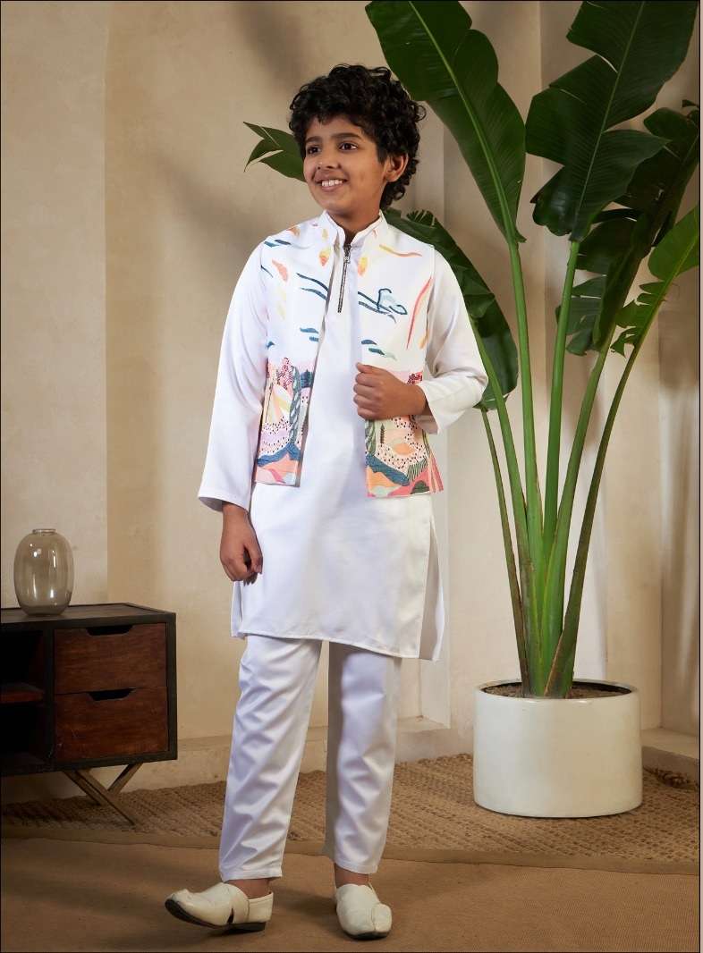 DESIGNER KIDS WEAR WHITE KOTI KURTA SET SATIN SILK WHITE KIDS KOTI KURTA SHERWANI SET KF 91072