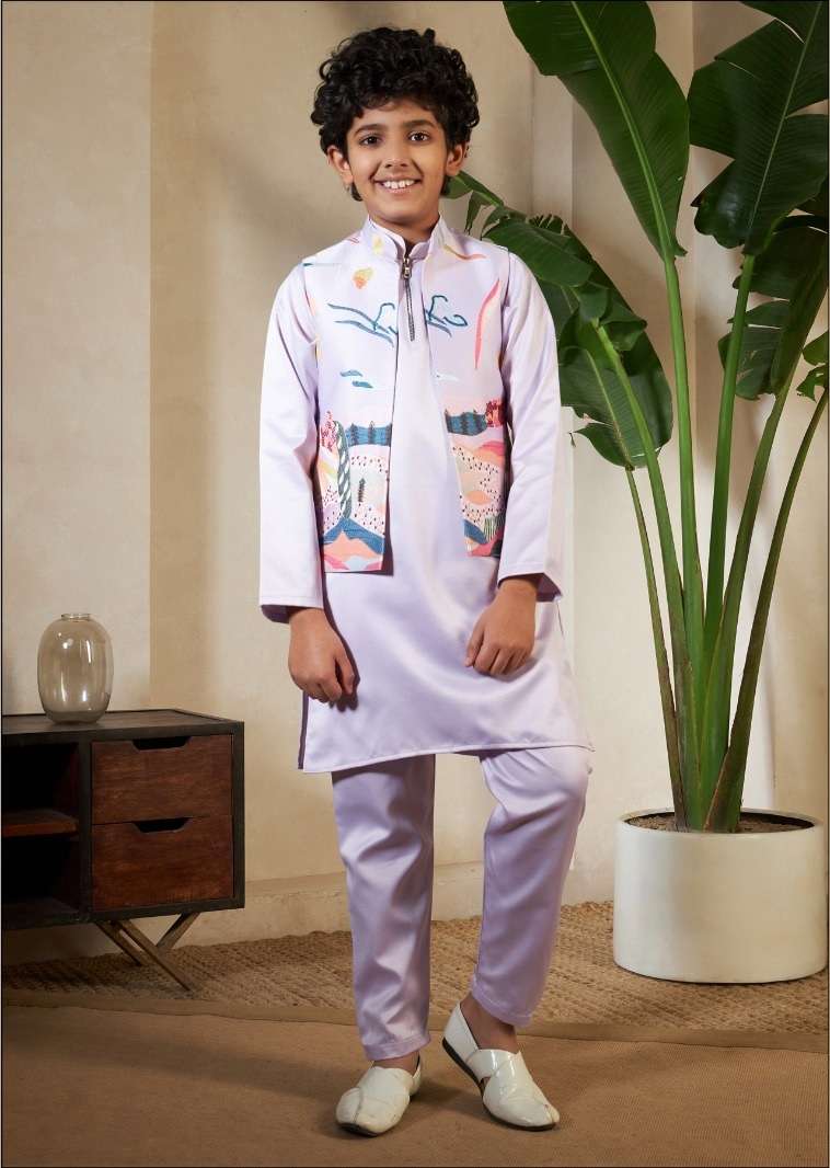 DESIGNER KIDS WEAR WHITE KOTI KURTA SET SATIN SILK LAVENDER KIDS KOTI KURTA SHERWANI SET KF 91073