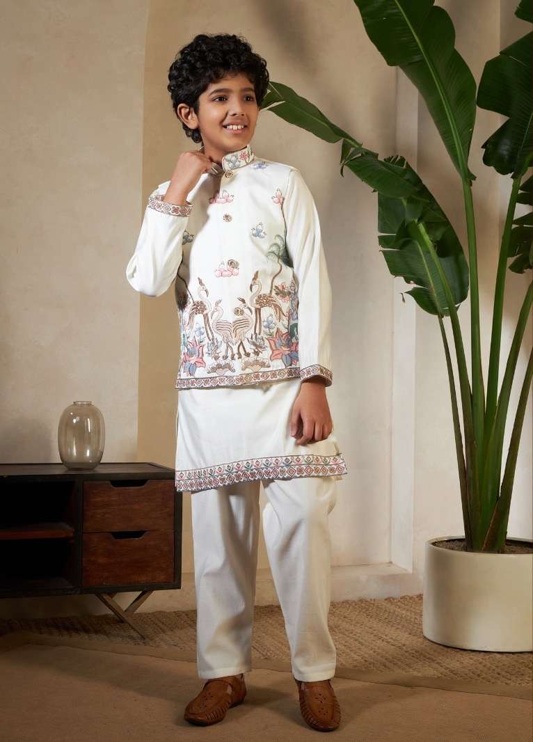 DESIGNER KIDS WEAR WHITE KOTI KURTA SET VISCOSE SILK KIDS KOTI KURTA SHERWANI SET KF 91052