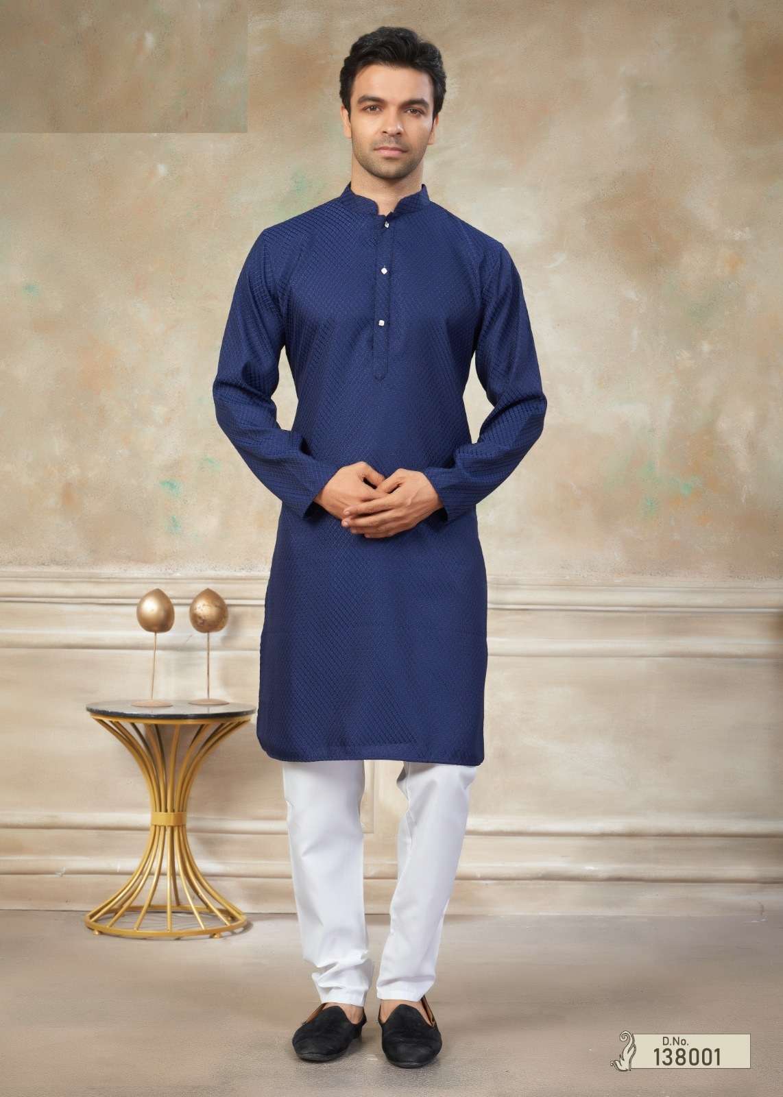 DESIGNER PARTY WEAR BLUE READYMADE MENS COTTON KURTA TT 138001