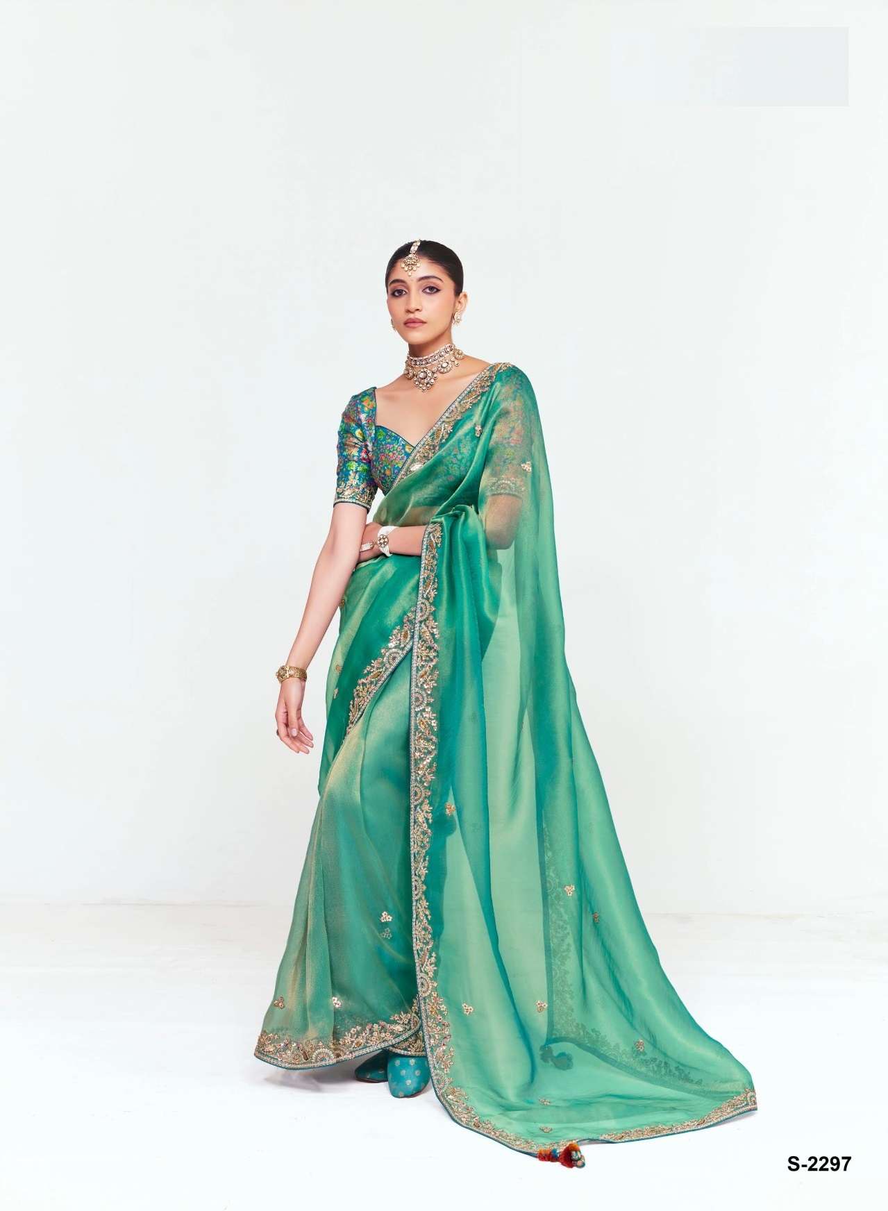 DESIGNER PARTY WEAR HEAVY GREEN SILK SAREE WITH SEQUENCE THREAD WORK COLLECTION SM KIMORA 2292