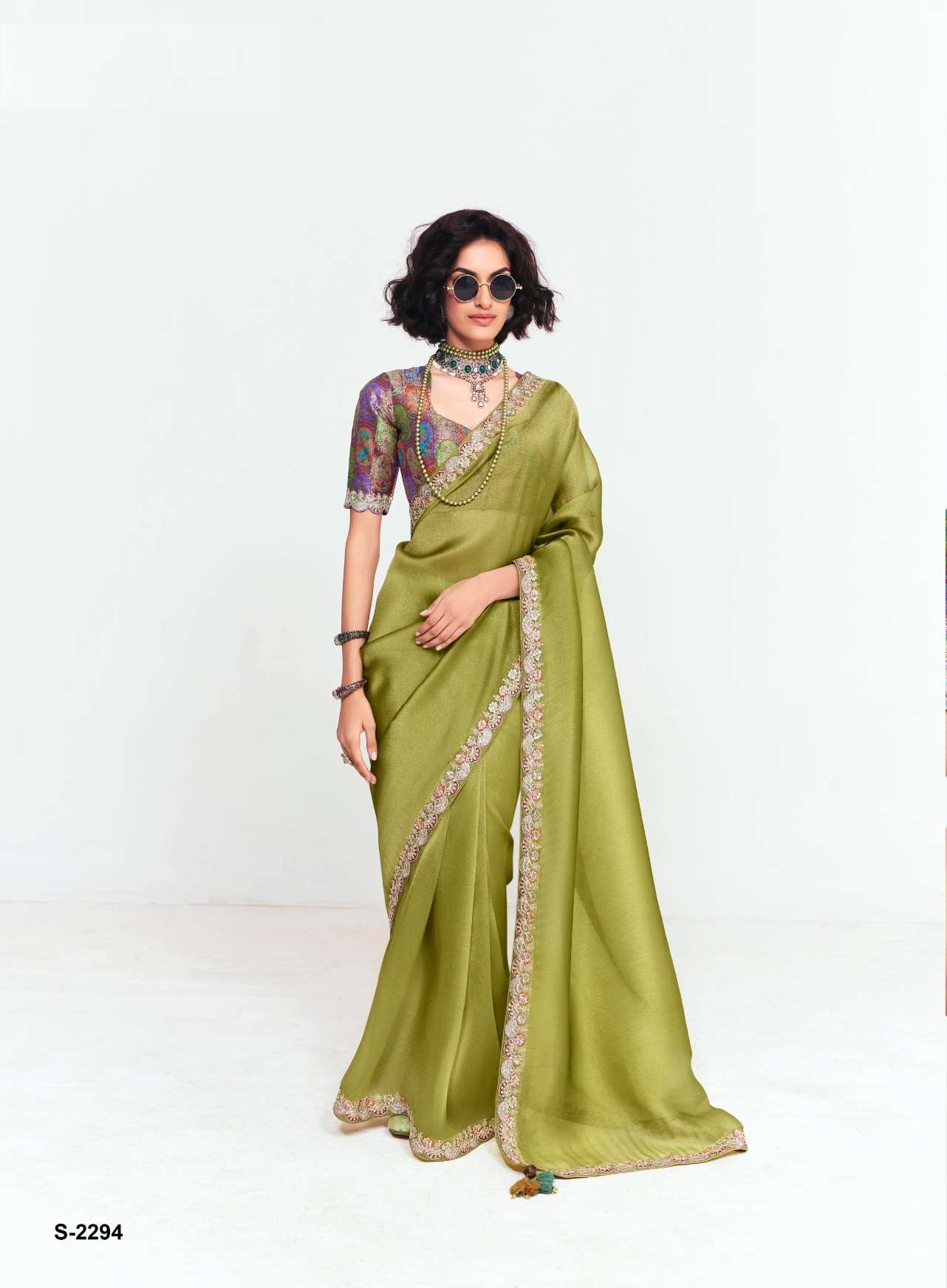 DESIGNER PARTY WEAR HEAVY GREEN SILK SAREE WITH SEQUENCE THREAD WORK COLLECTION SM KIMORA 2295