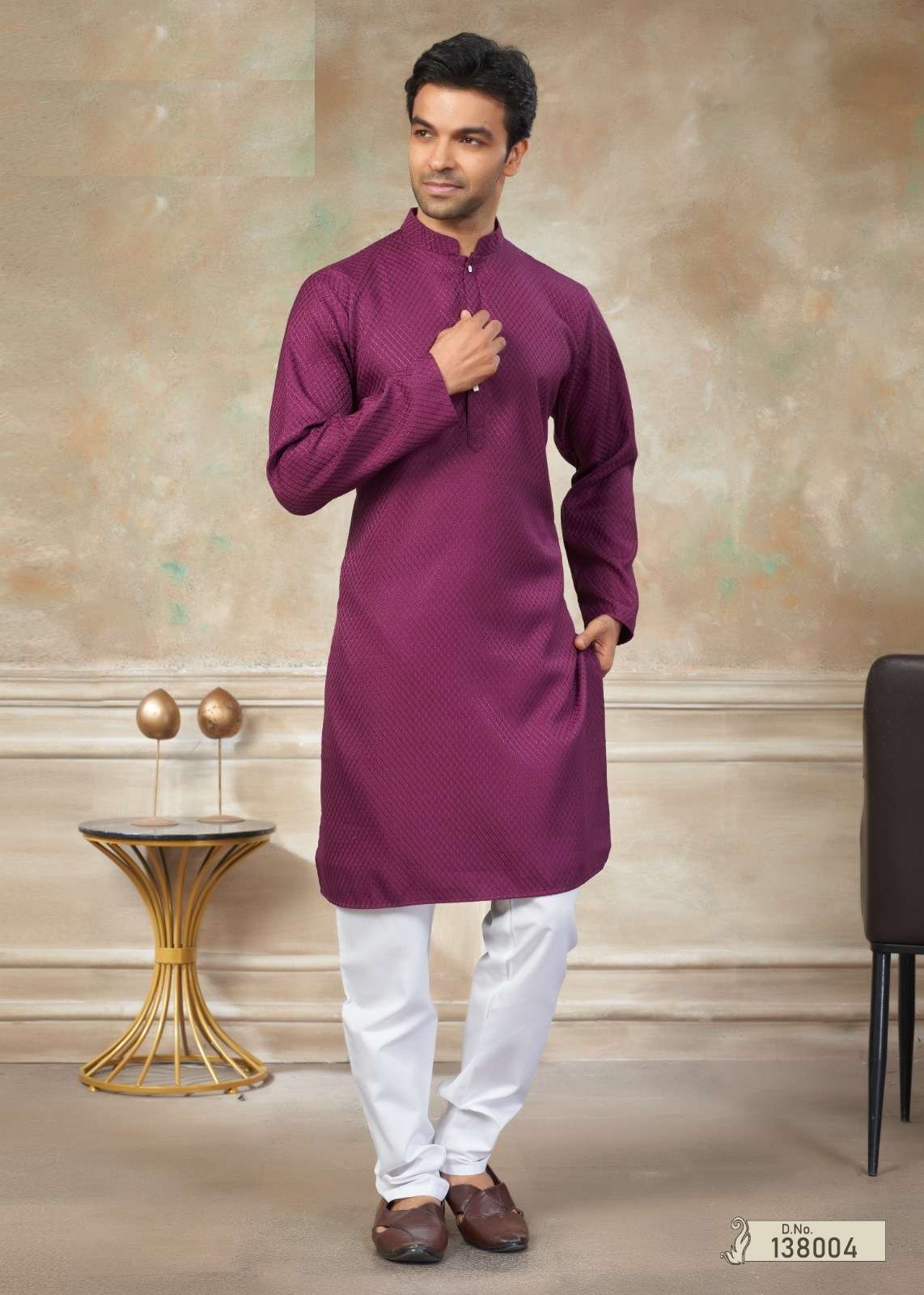 DESIGNER PARTY WEAR PURPLE READYMADE MENS COTTON KURTA TT 138004