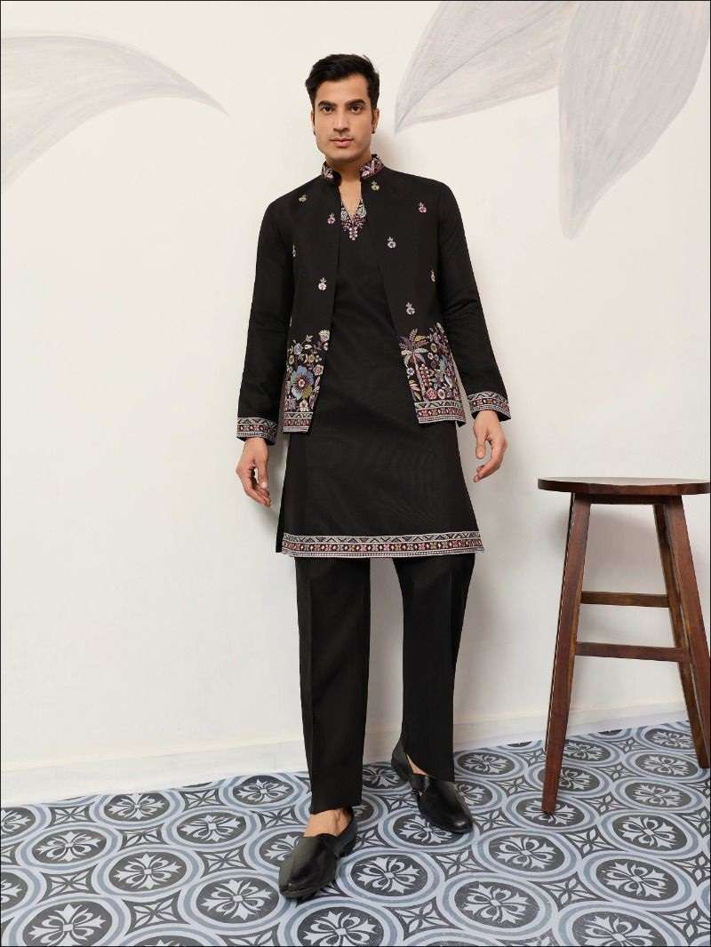 DESIGNER PARTY WEAR READYMADE INDIAN MENS BLACK VISCOSE SILK KOTI KURTA KF 61653