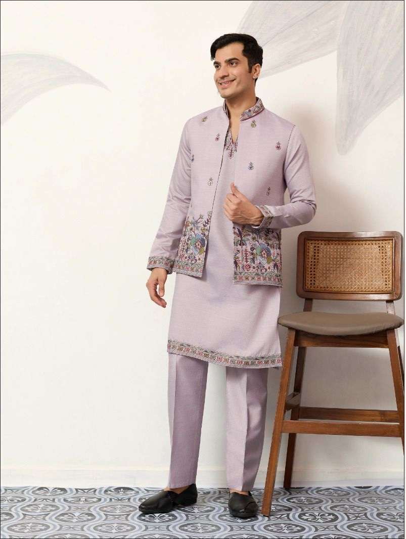 DESIGNER PARTY WEAR READYMADE INDIAN MENS LAVENDER VISCOSE SILK KOTI KURTA KF 61654